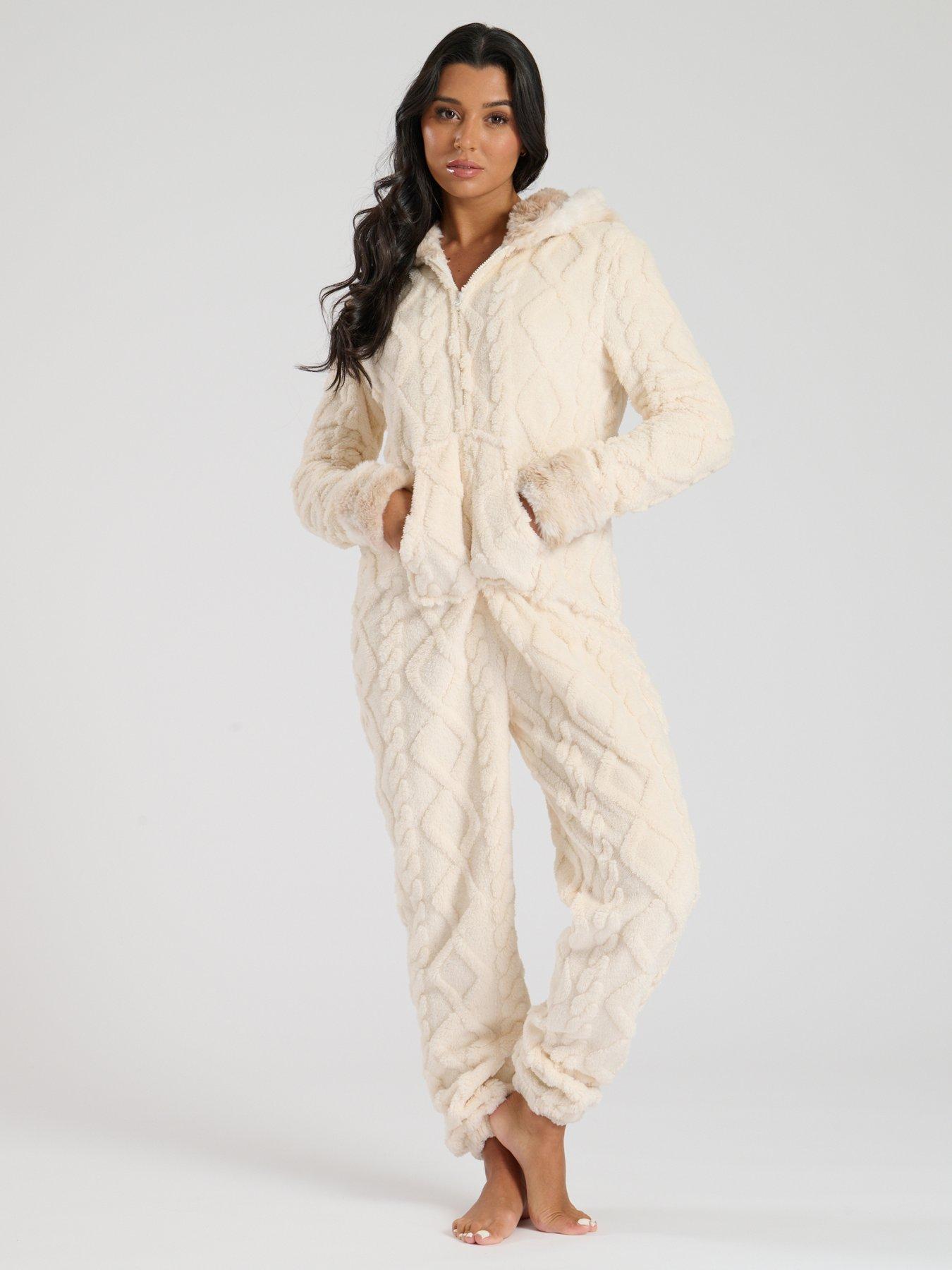 Loungeable Cable Cut Sherpa With Faux Fur Hood All In One - Cream