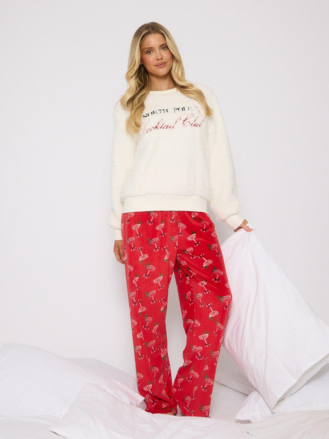loungeable-cocktail-club-slogan-sweater-and-printed-trouser-christmas-pyjama-set-whitefront