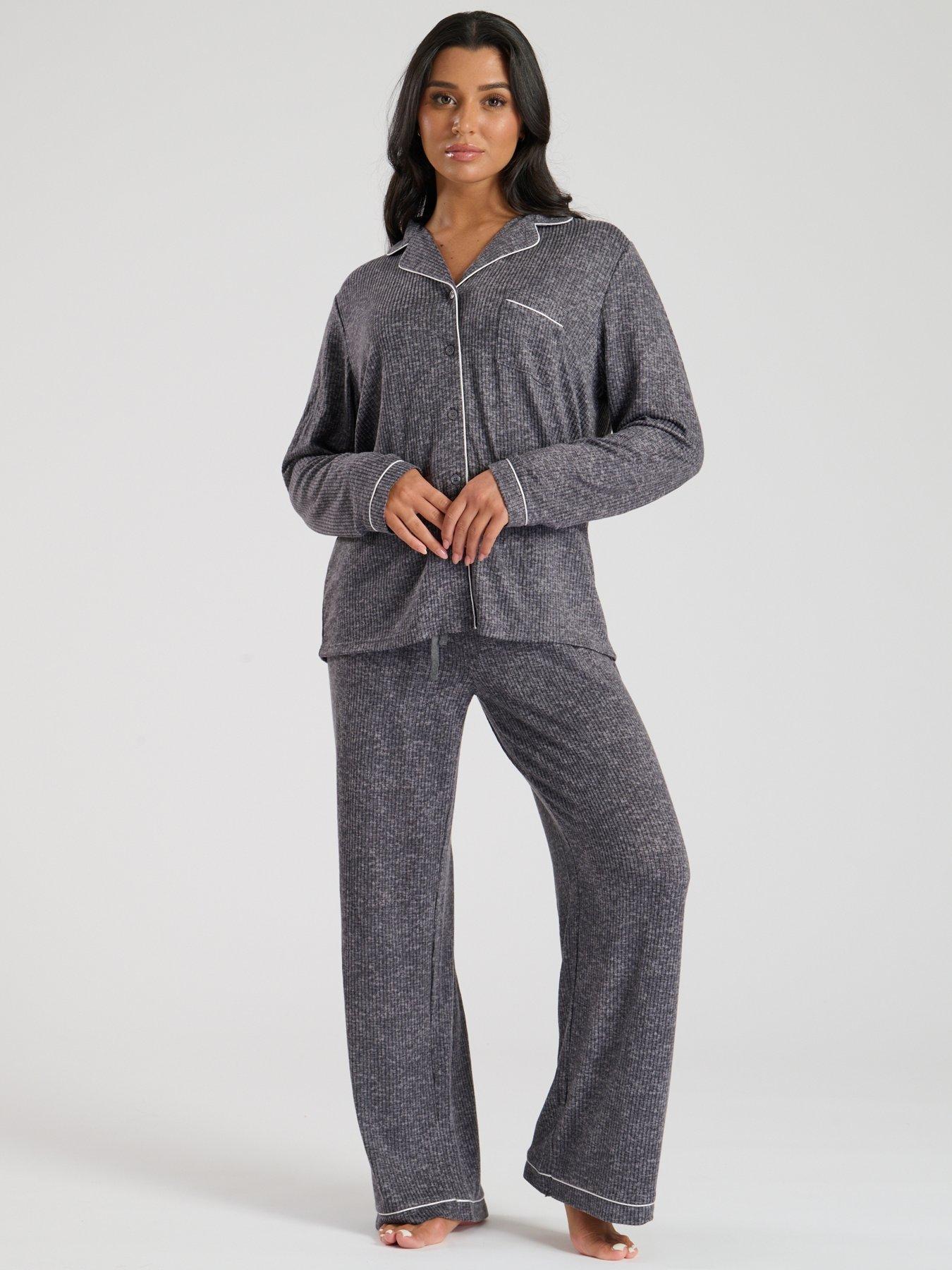 loungeable-marl-brushed-knit-rib-traditional-pyjama-set-grey