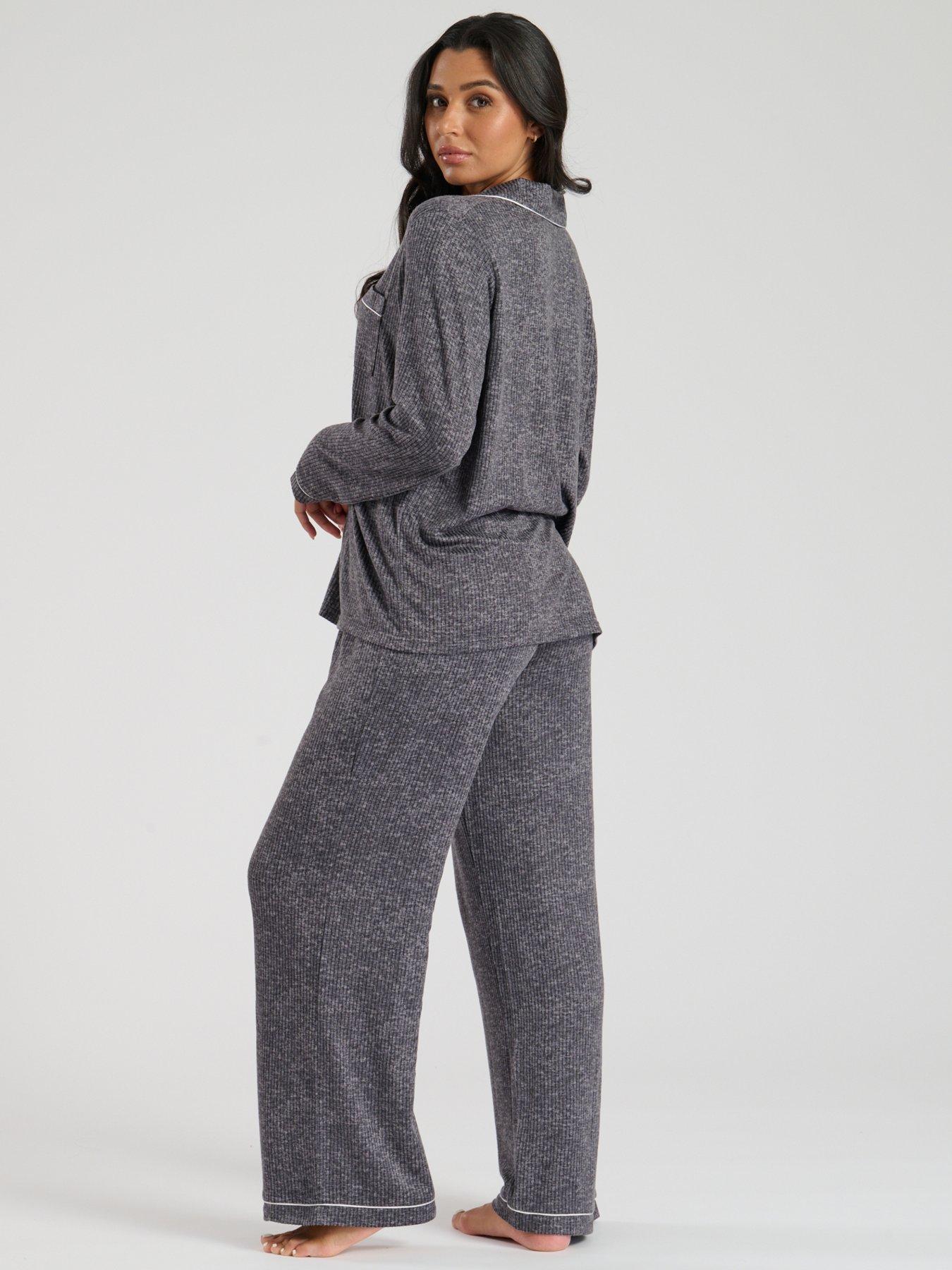 loungeable-marl-brushed-knit-rib-traditional-pyjama-set-greystillFront