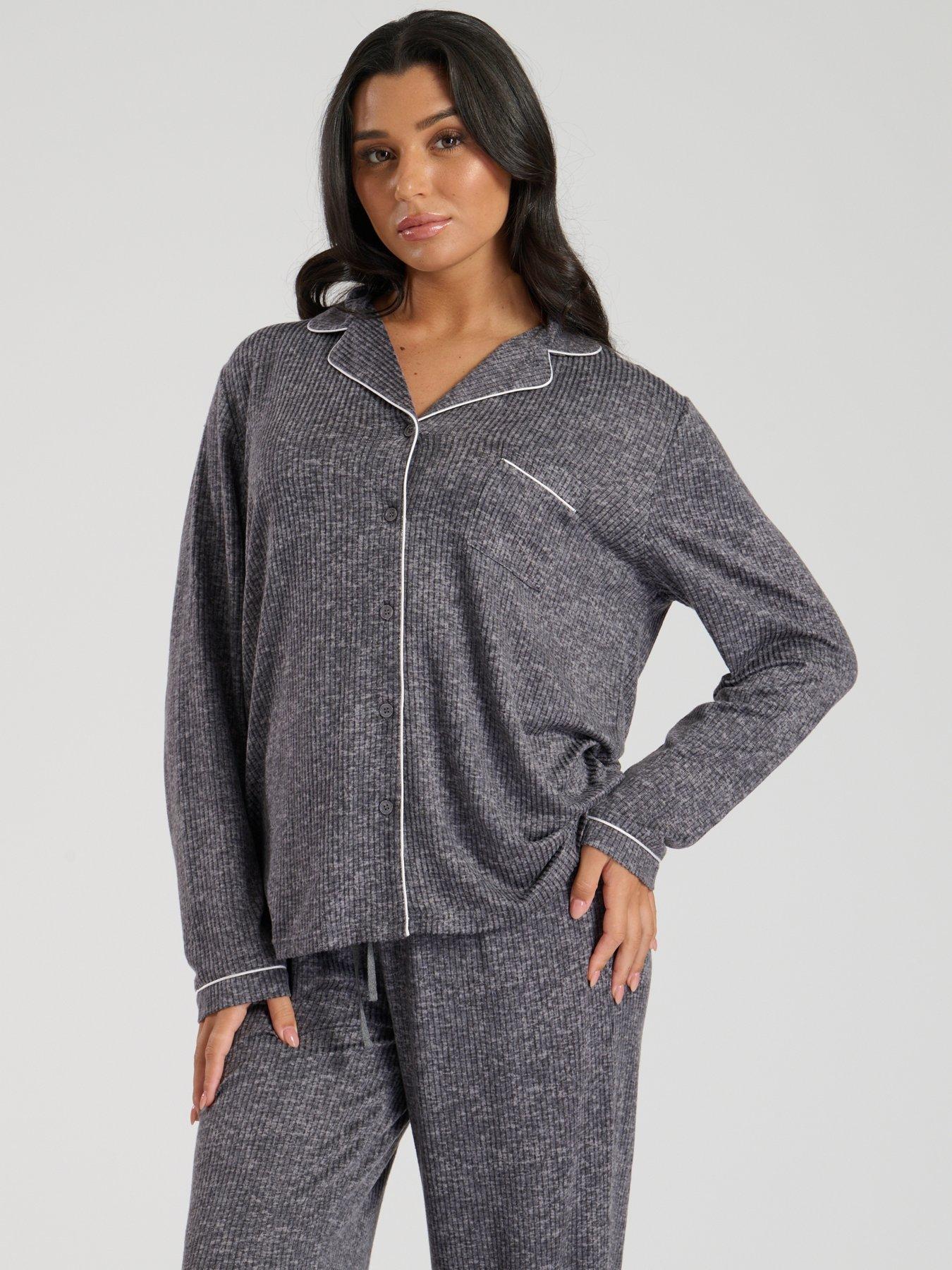 loungeable-marl-brushed-knit-rib-traditional-pyjama-set-greyback