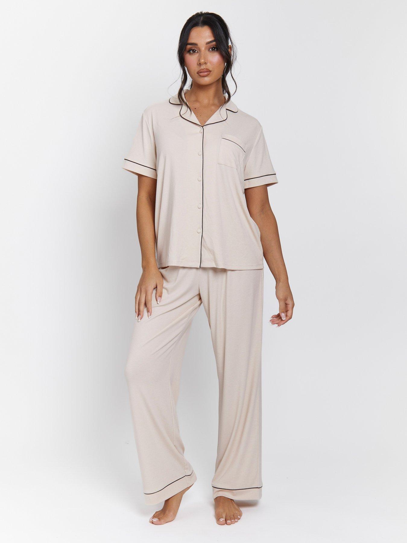 loungeable-rib-short-sleeve-traditional-shirt-and-long-pant-beige