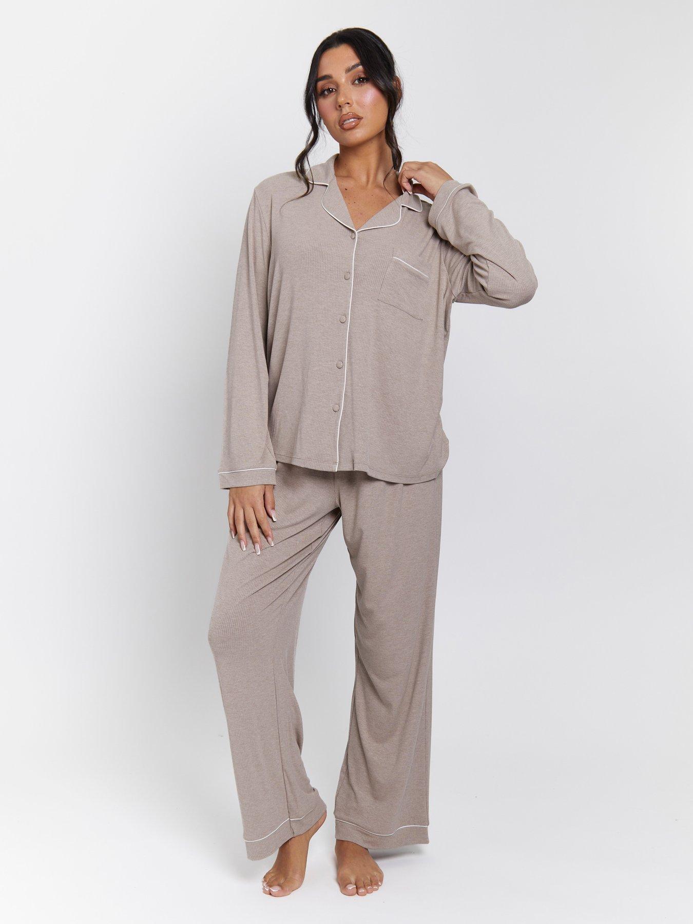 Loungeable Rib Long Sleeve Traditional Shirt And Long Pants - Oatmeal Marl - Beige