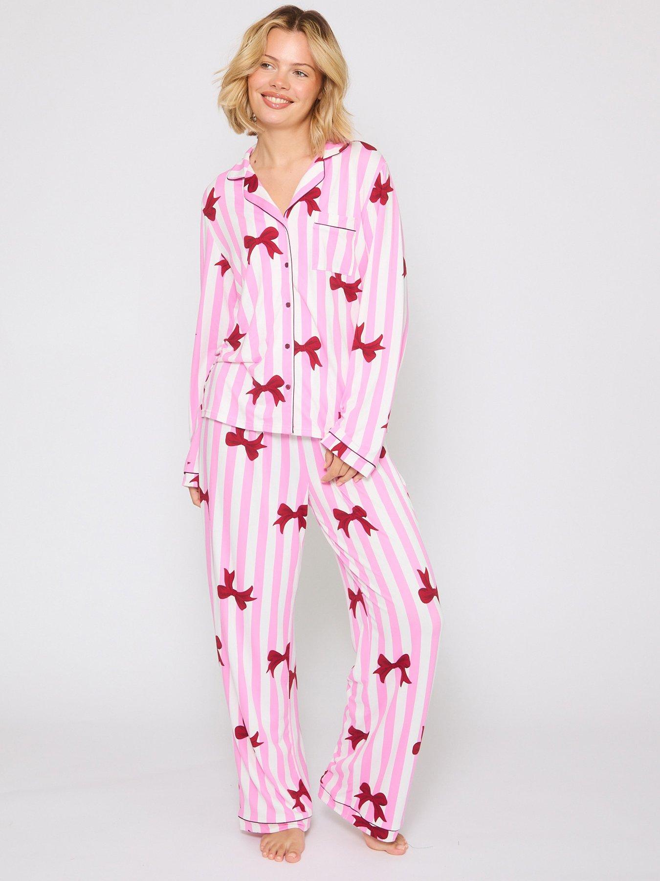 loungeable-bow-printed-jersey-long-sleeved-pyjama-and-trouser-set-pink