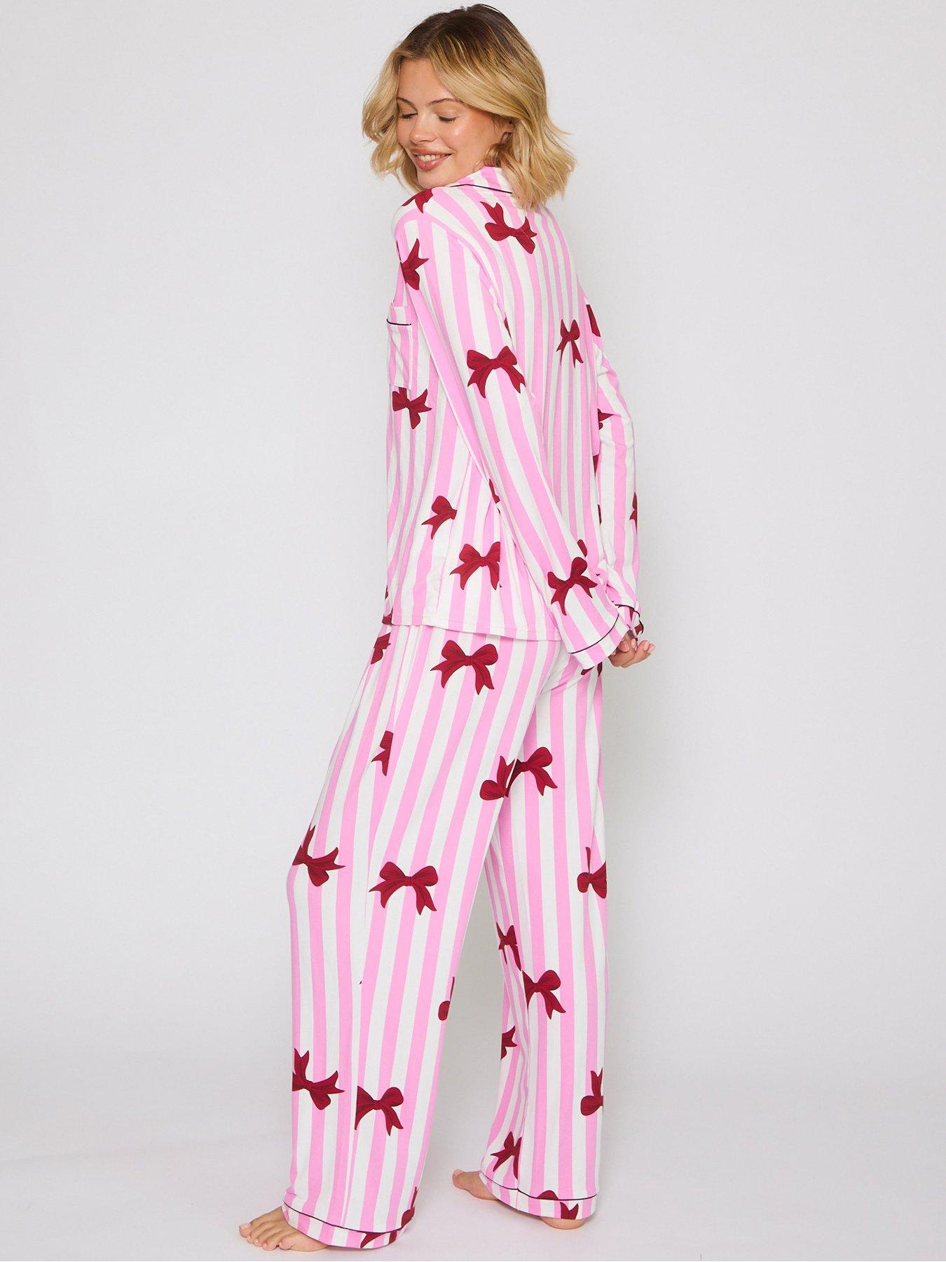 loungeable-bow-printed-jersey-long-sleeved-pyjama-and-trouser-set-pinkstillFront