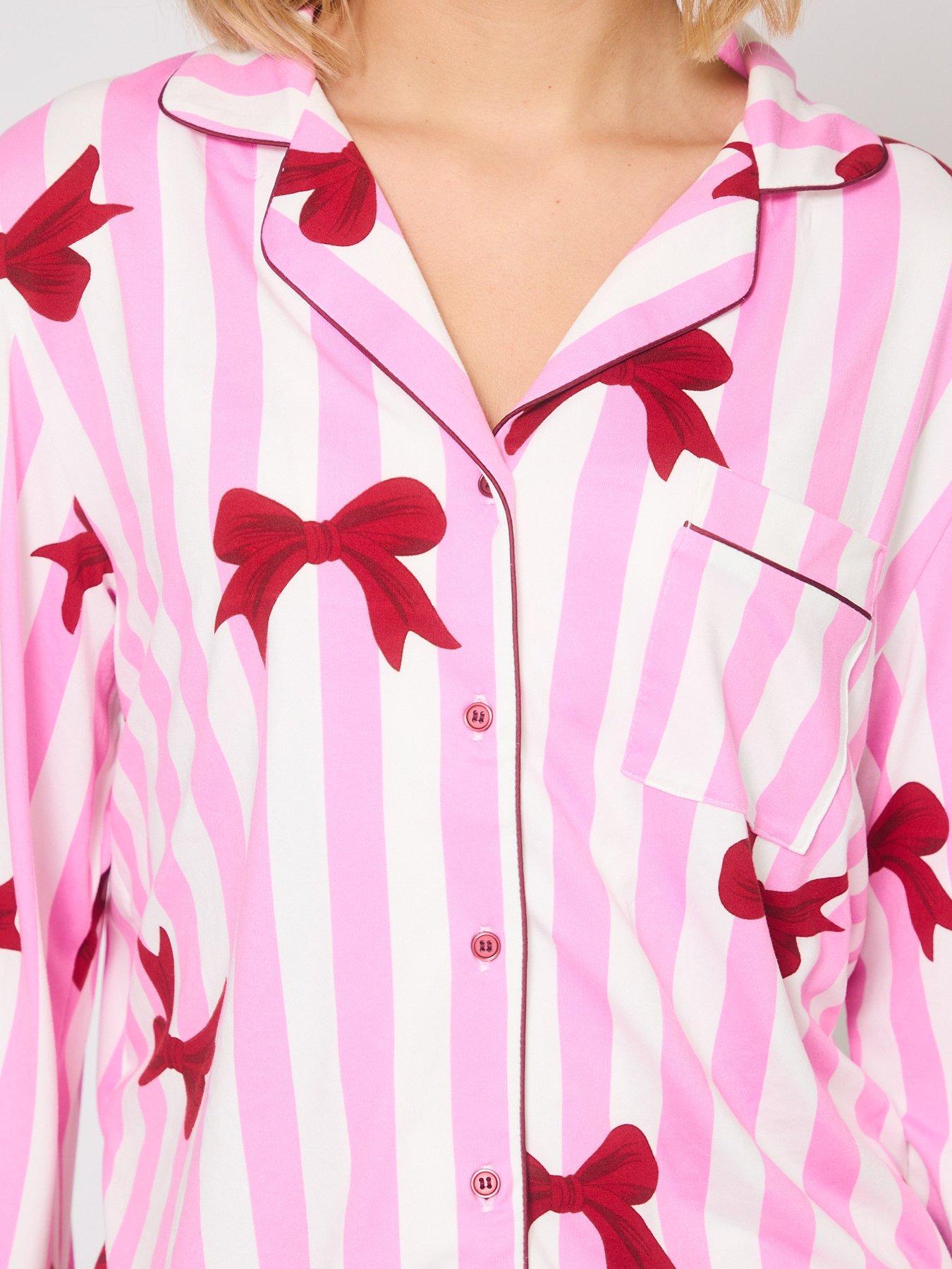 loungeable-bow-printed-jersey-long-sleeved-pyjama-and-trouser-set-pinkdetail