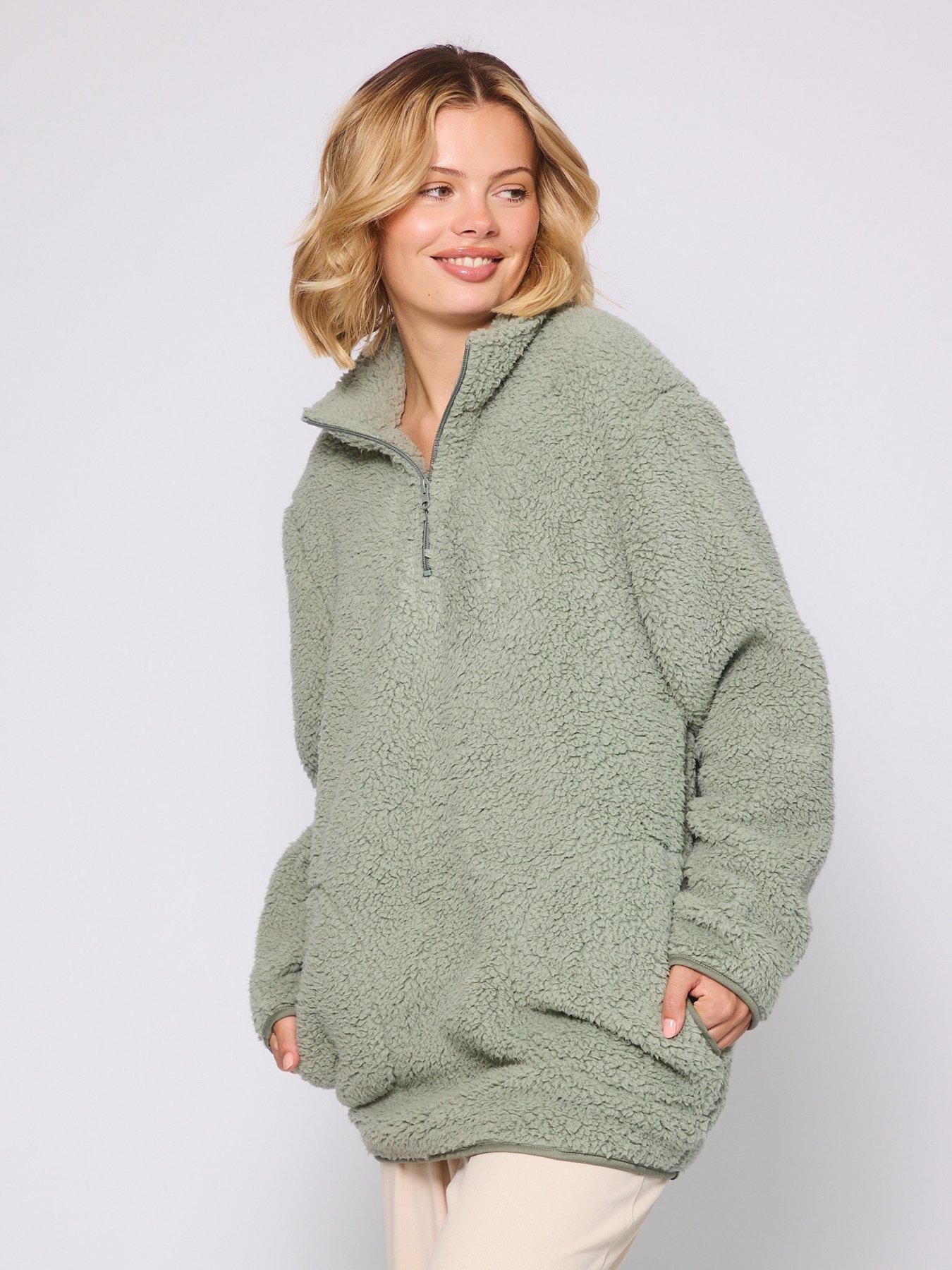 Image 1 of 4 of Loungeable Borg 1/4 Zip Jumper With Pockets - Green
