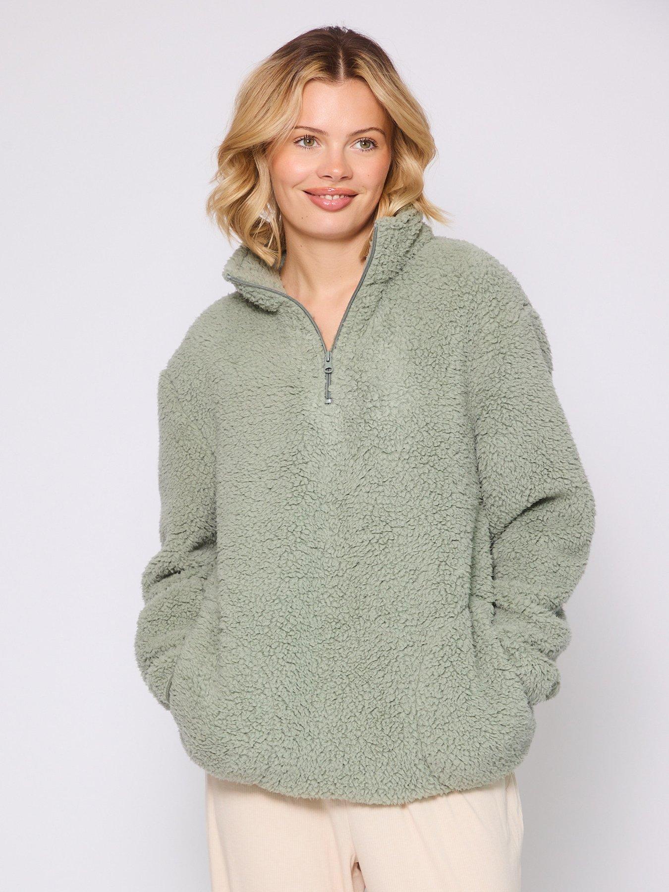 Image 4 of 4 of Loungeable Borg 1/4 Zip Jumper With Pockets - Green