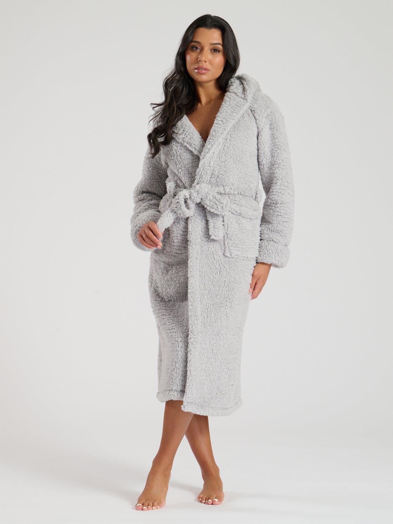 Loungeable Chunky Sherpa Hooded Maxi Dressing Gown - Grey