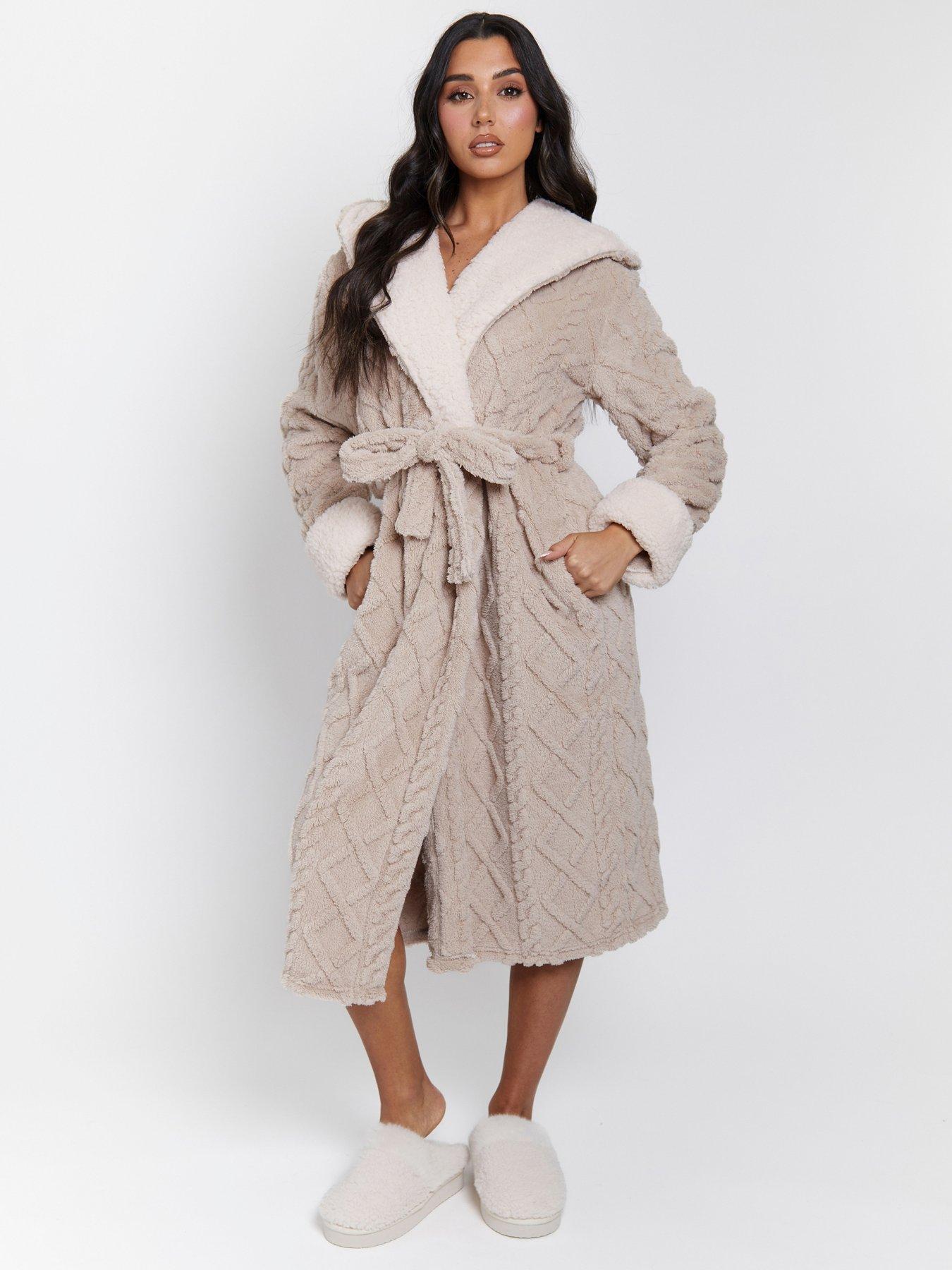 Image 1 of 3 of Loungeable Cable Cutwork Hooded Maxi Dressing Gown - Beige
