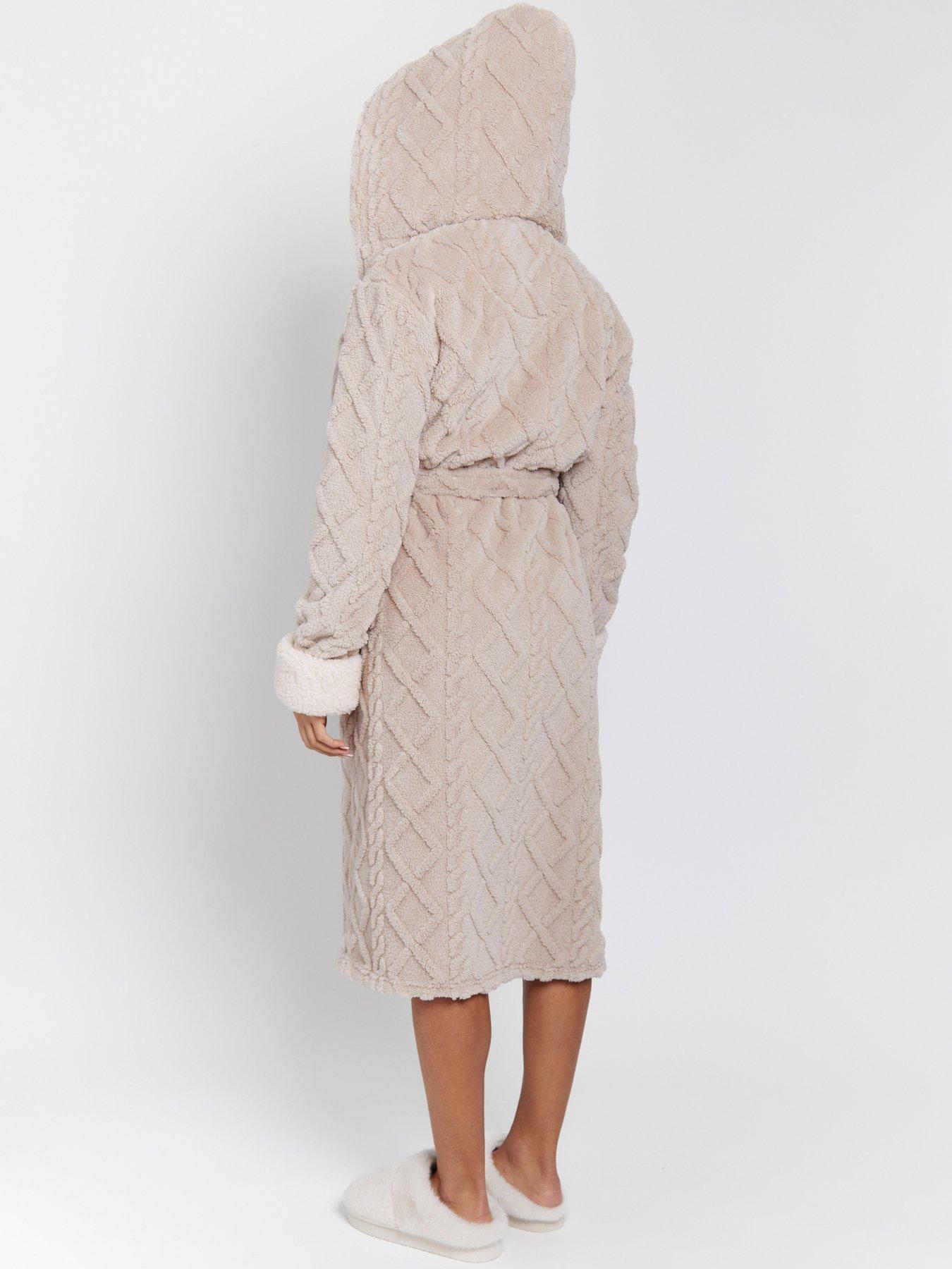 Image 2 of 3 of Loungeable Cable Cutwork Hooded Maxi Dressing Gown - Beige