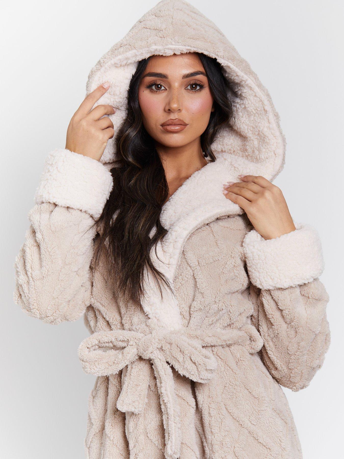 Image 3 of 3 of Loungeable Cable Cutwork Hooded Maxi Dressing Gown - Beige
