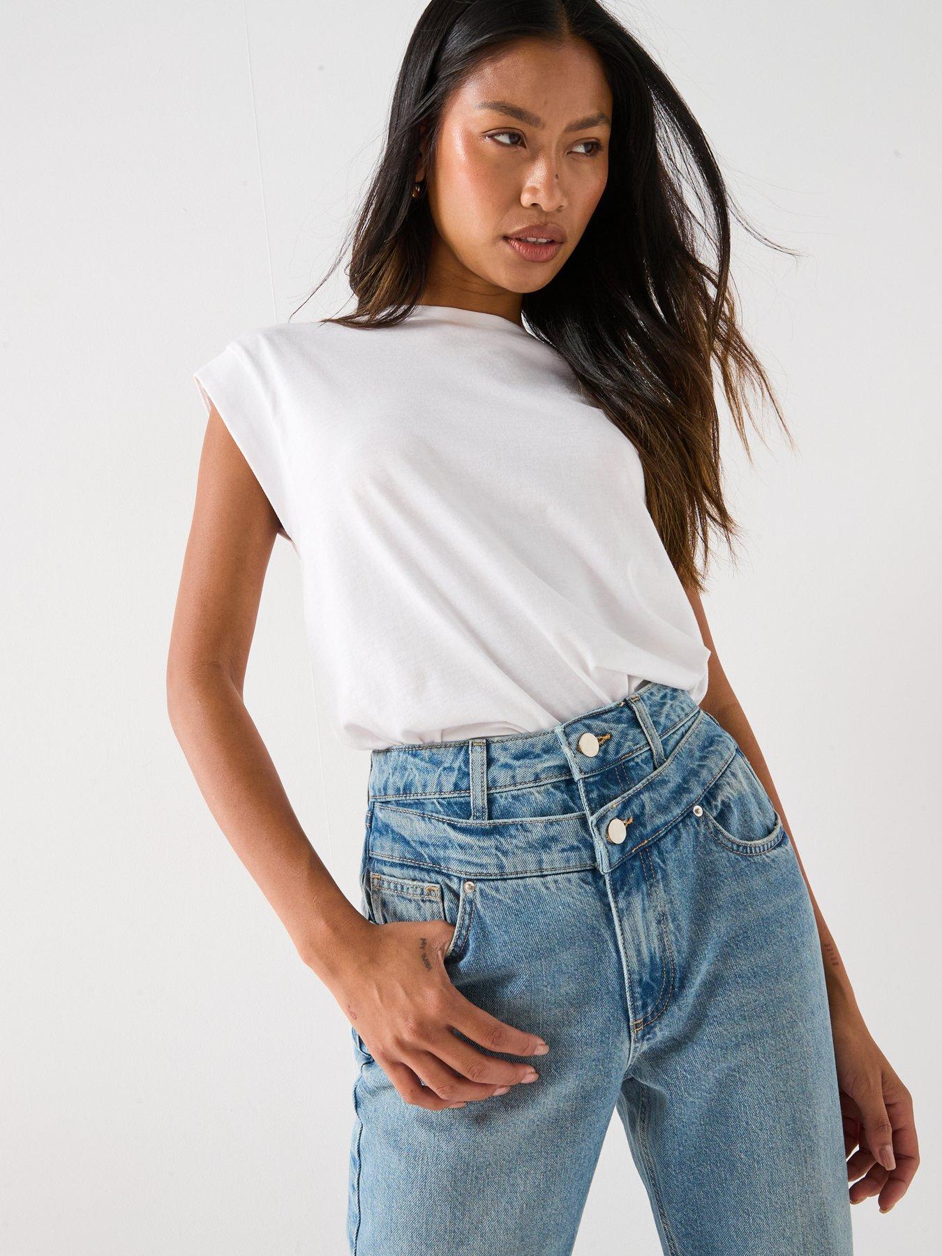 Image 5 of 6 of V by Very Double Waistband Mom Jeans - Mid Wash