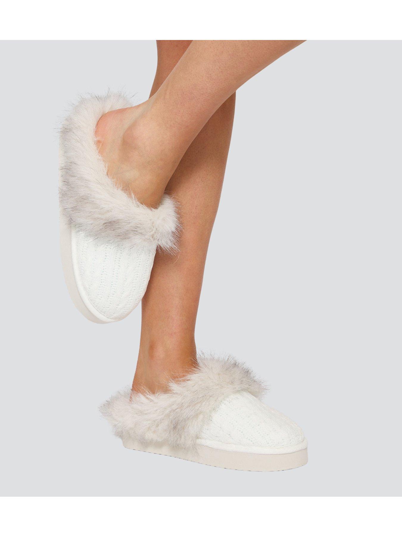 loungeable-cable-knit-chunky-mule-slippers-with-faux-fur-trim-whitestillFront