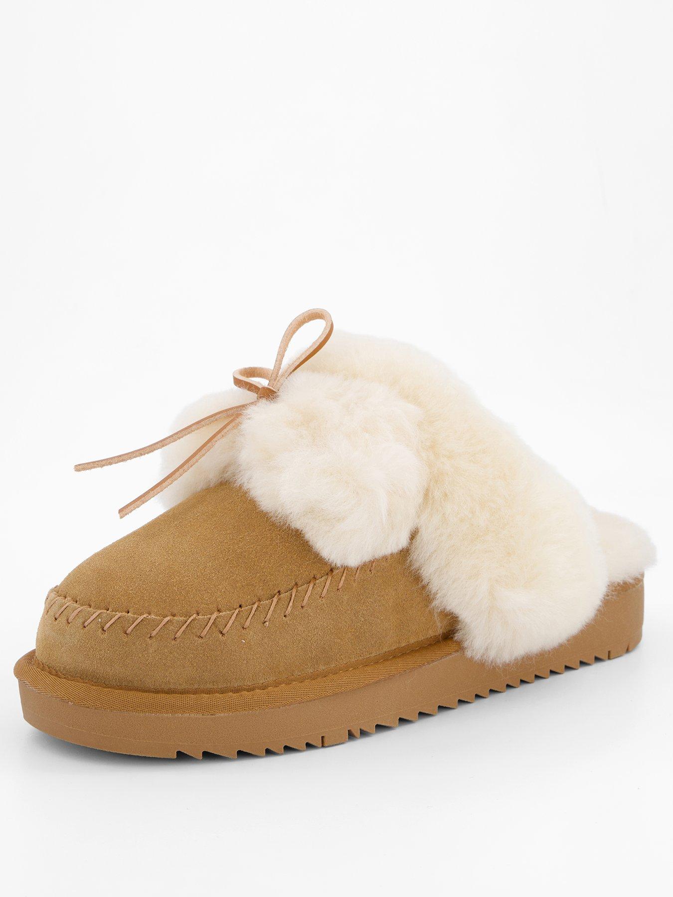 Image 2 of 7 of Loungeable Cosy Sheepskin Mules With Fur Poms - Tan