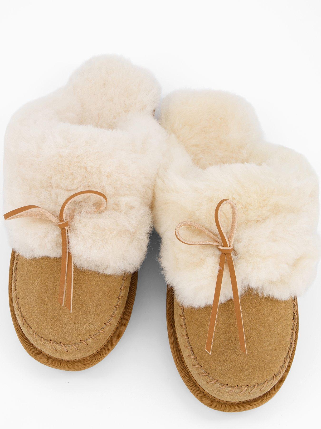 Image 3 of 7 of Loungeable Cosy Sheepskin Mules With Fur Poms - Tan