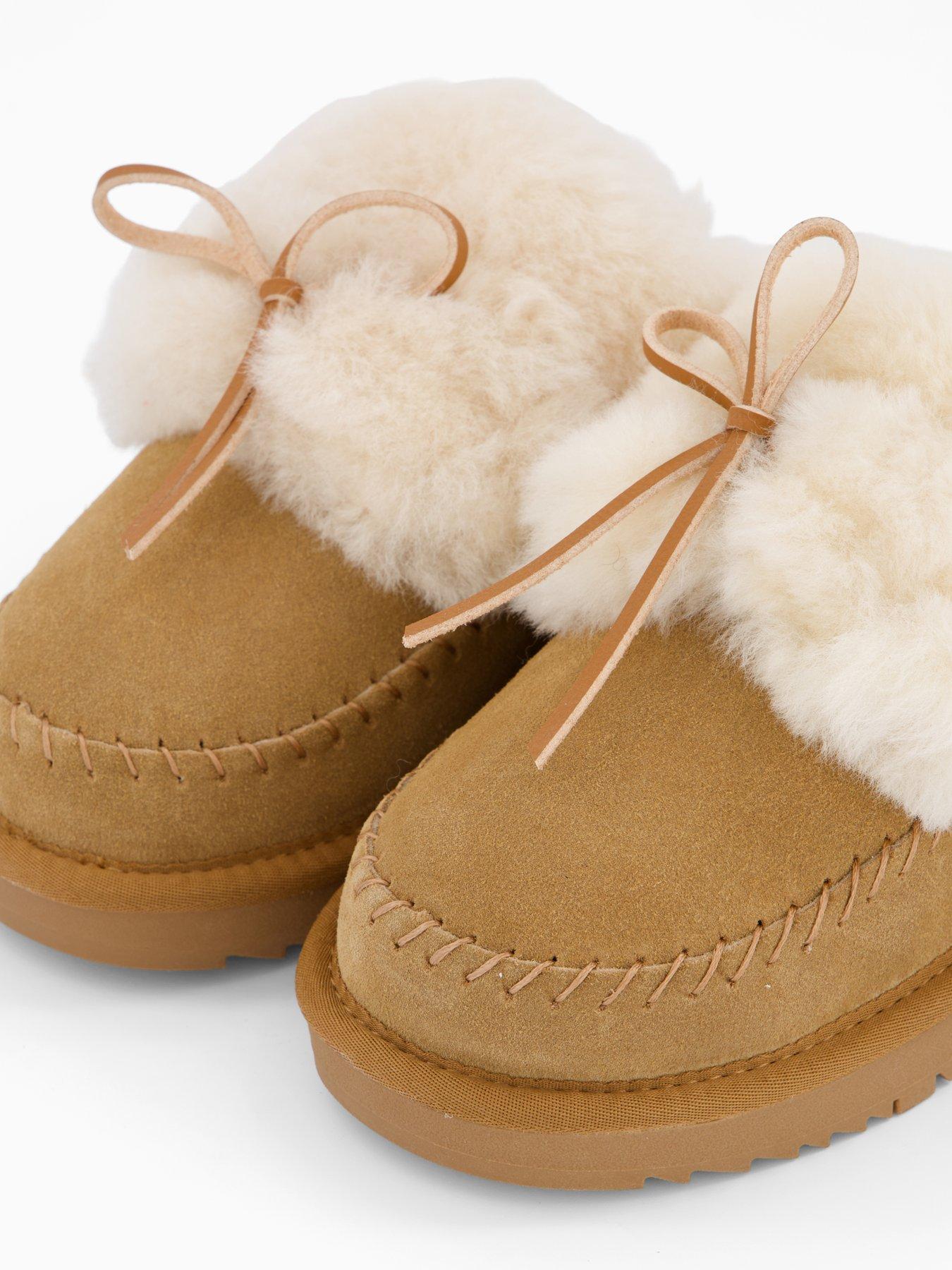 Image 5 of 7 of Loungeable Cosy Sheepskin Mules With Fur Poms - Tan