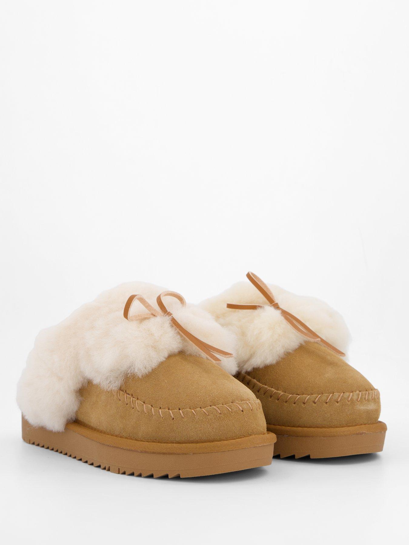 Image 6 of 7 of Loungeable Cosy Sheepskin Mules With Fur Poms - Tan
