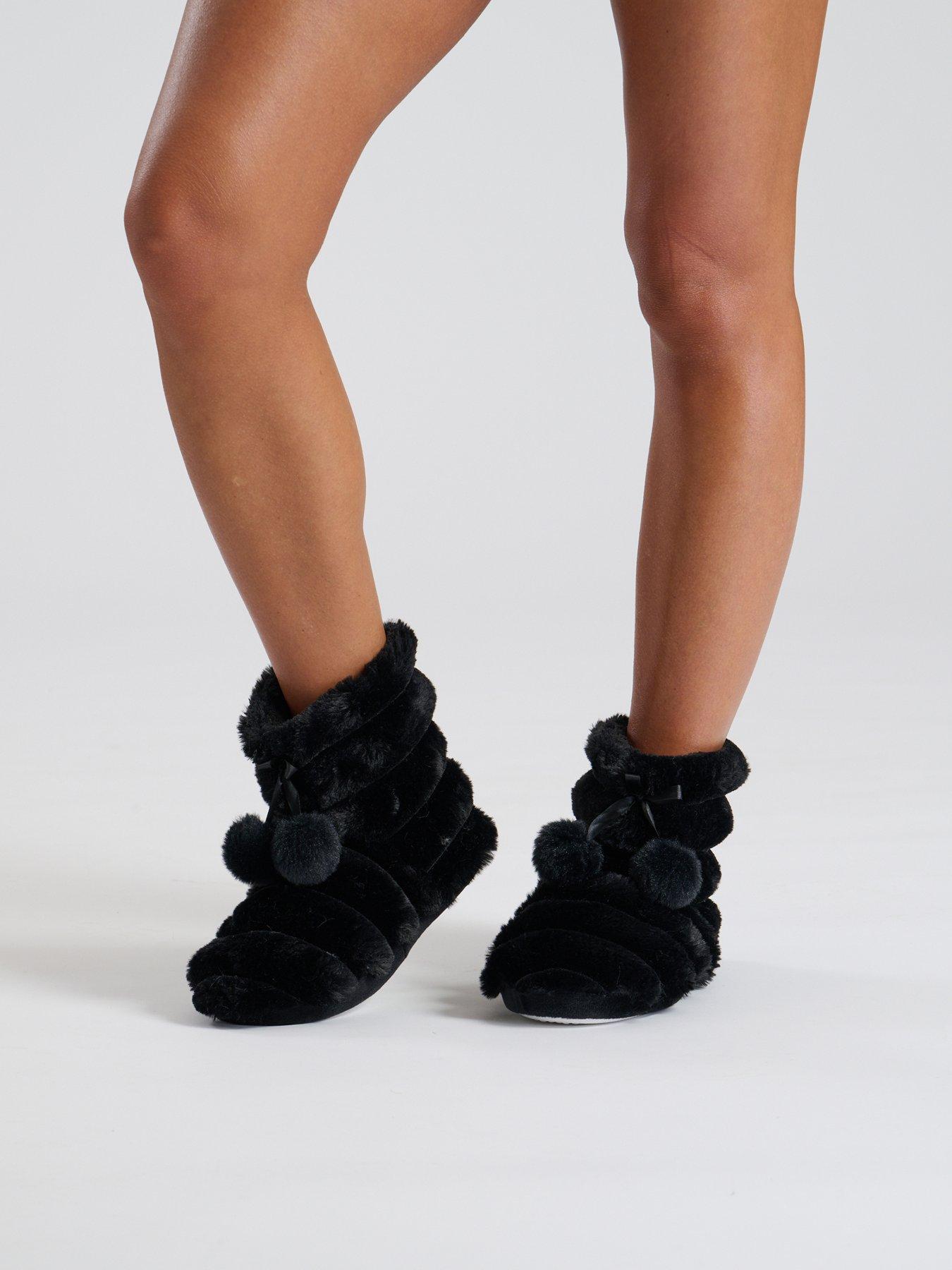 Loungeable Textured Faux Fur Bootie With Poms - Black