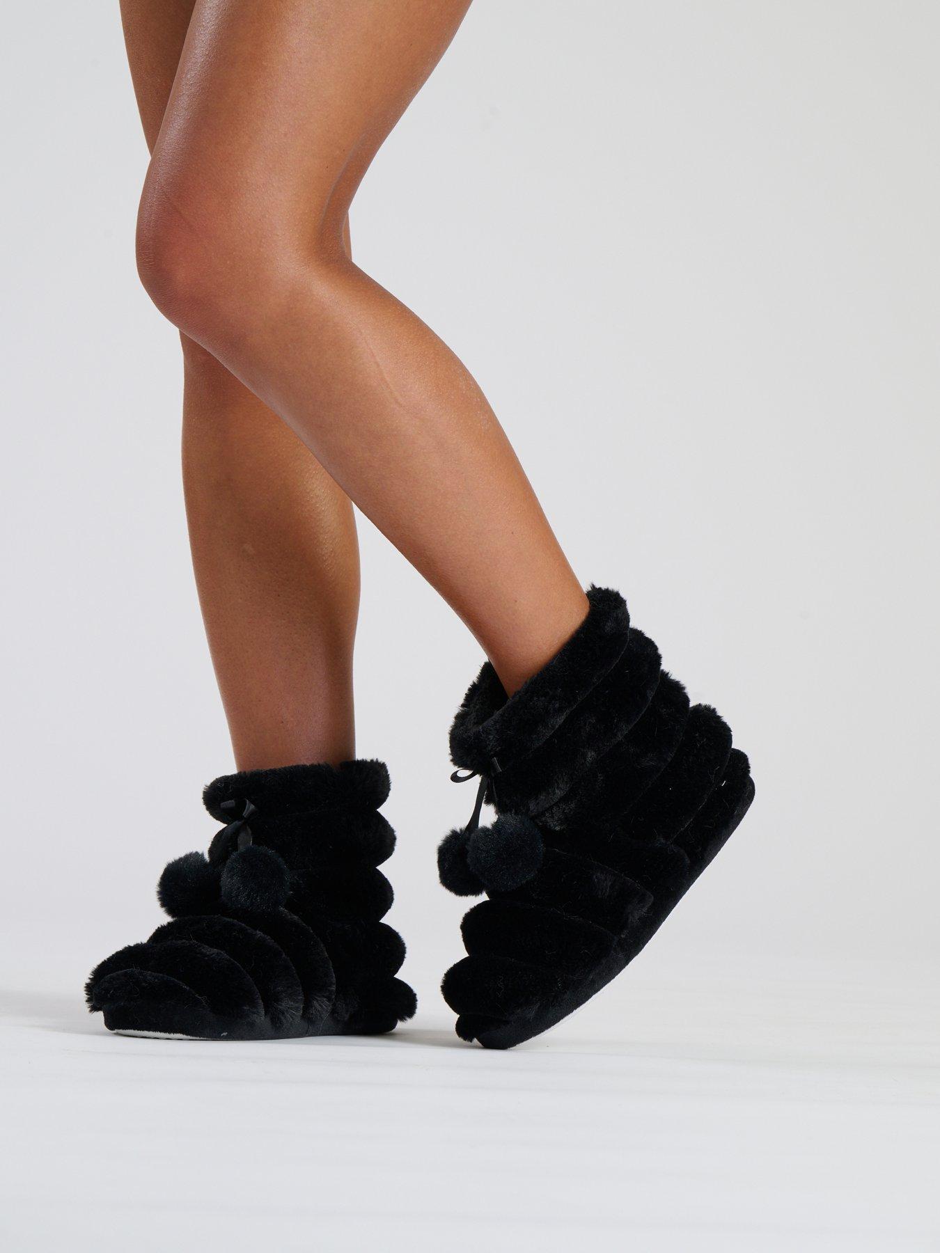 Image 2 of 3 of Loungeable Textured Faux Fur Bootie With Poms - Black