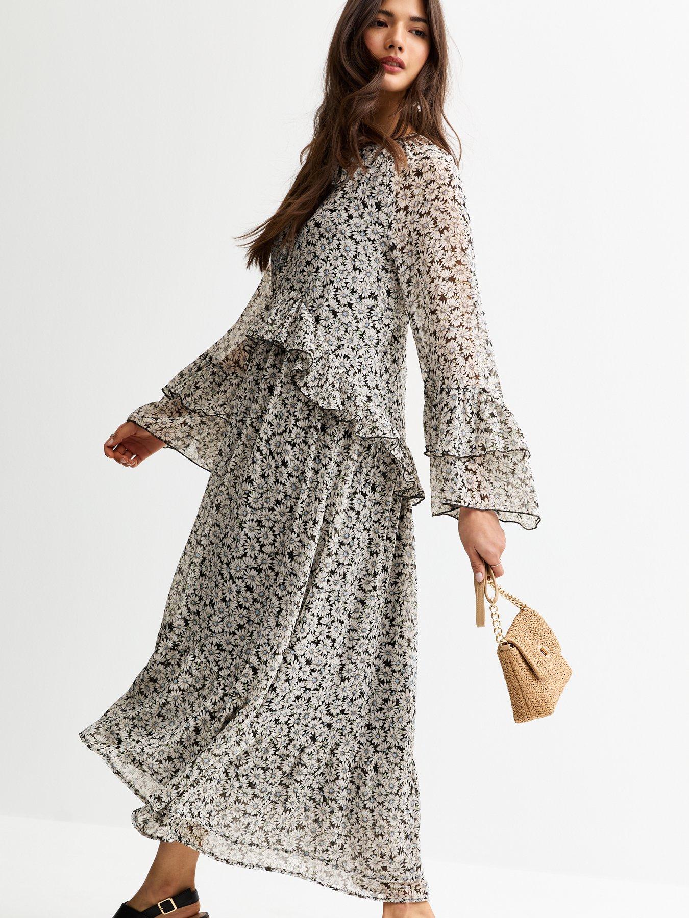 Image 1 of 4 of New Look Daisy Print Frilly Trim Chiffon Midi Dress - Cream