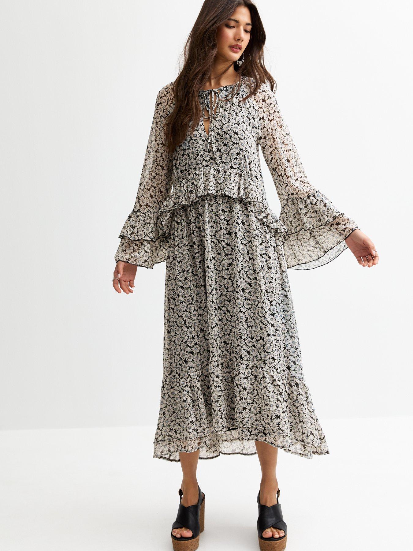 Image 2 of 4 of New Look Daisy Print Frilly Trim Chiffon Midi Dress - Cream