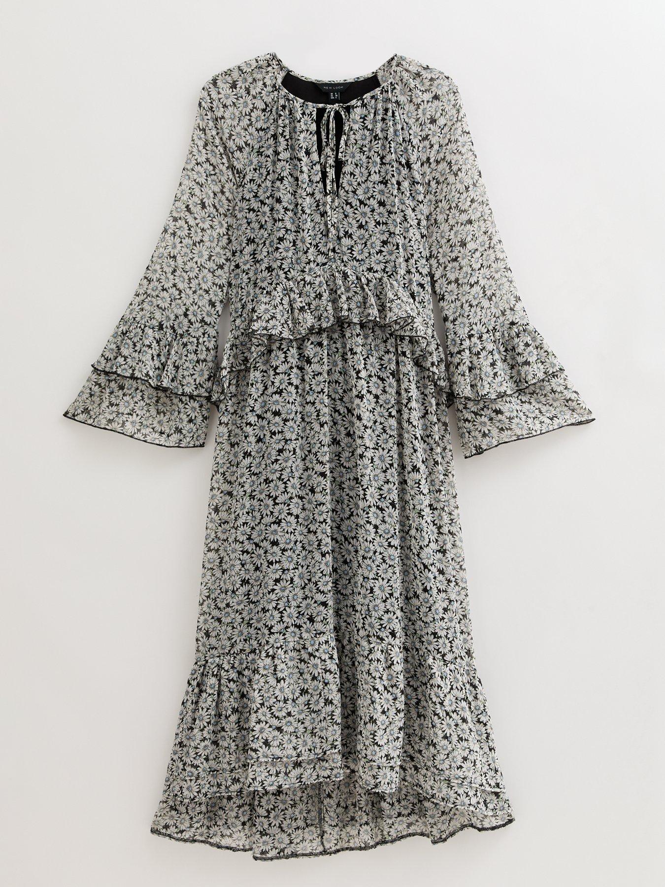 Image 4 of 4 of New Look Daisy Print Frilly Trim Chiffon Midi Dress - Cream