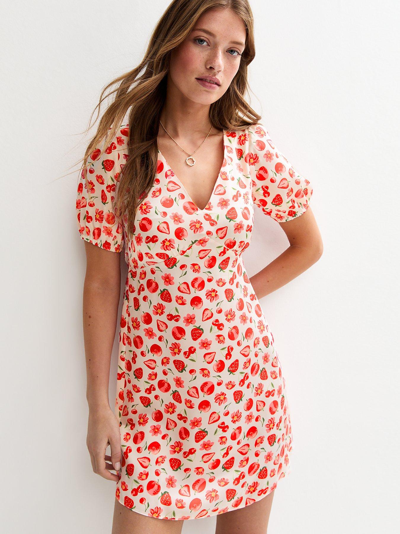 Image of New Look Strawberry Print Tie Back Satin Mini Dress - White