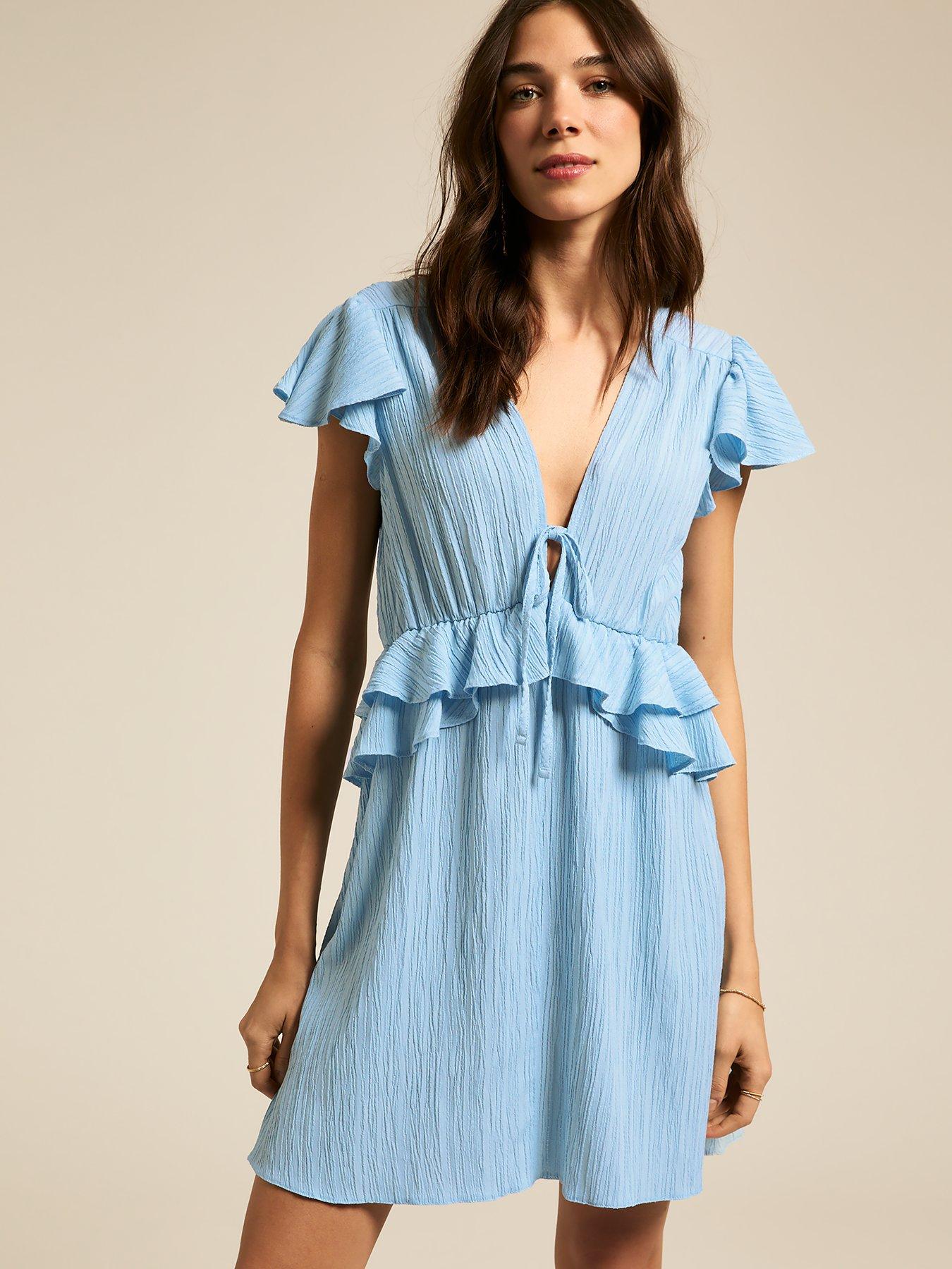 Image of New Look Crinkle Texture Flutter Sleeve Mini Dress - Blue