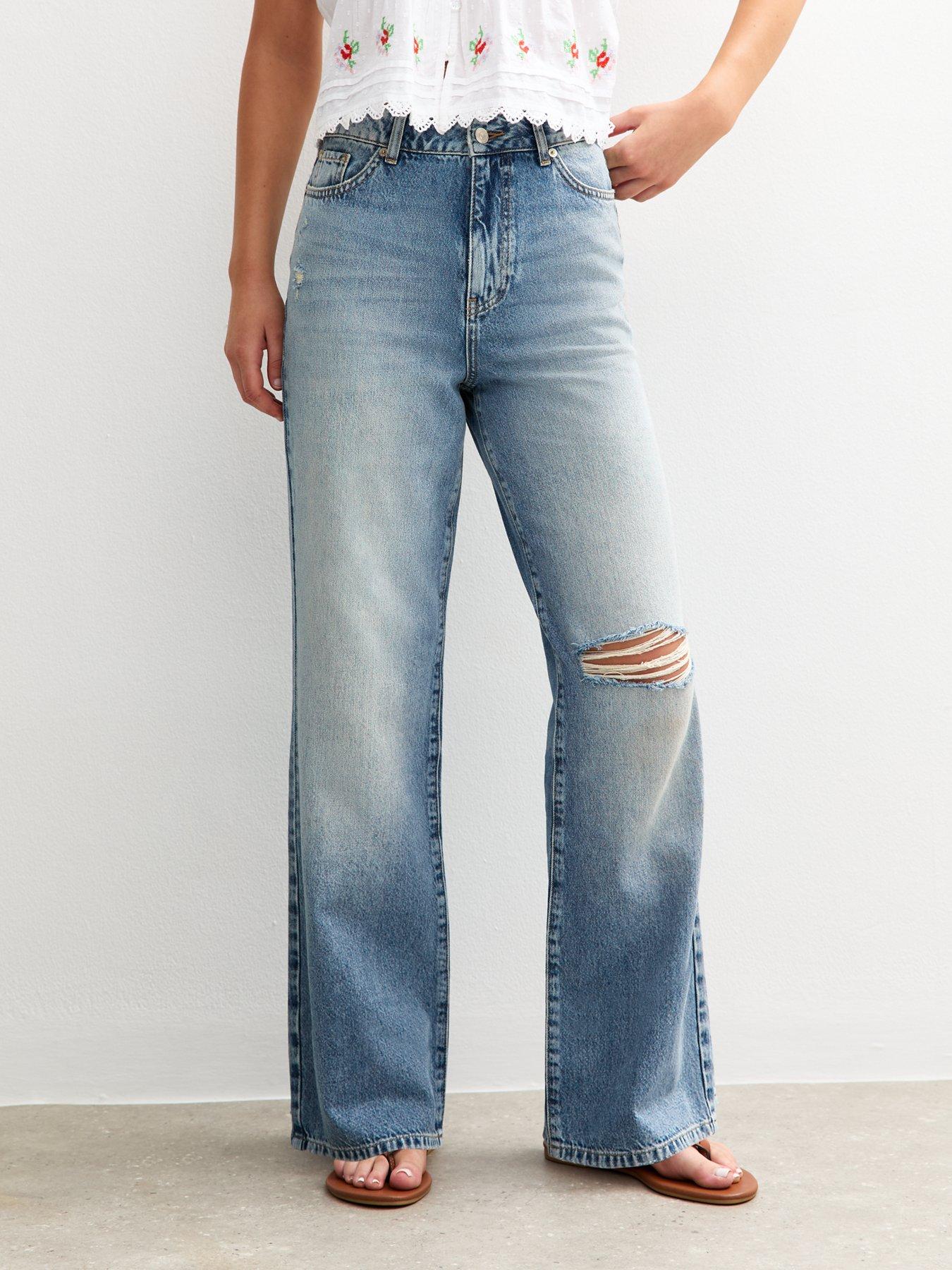 Image of New Look Blue High Waist Ripped Knee Adalae Wide Leg Jeans
