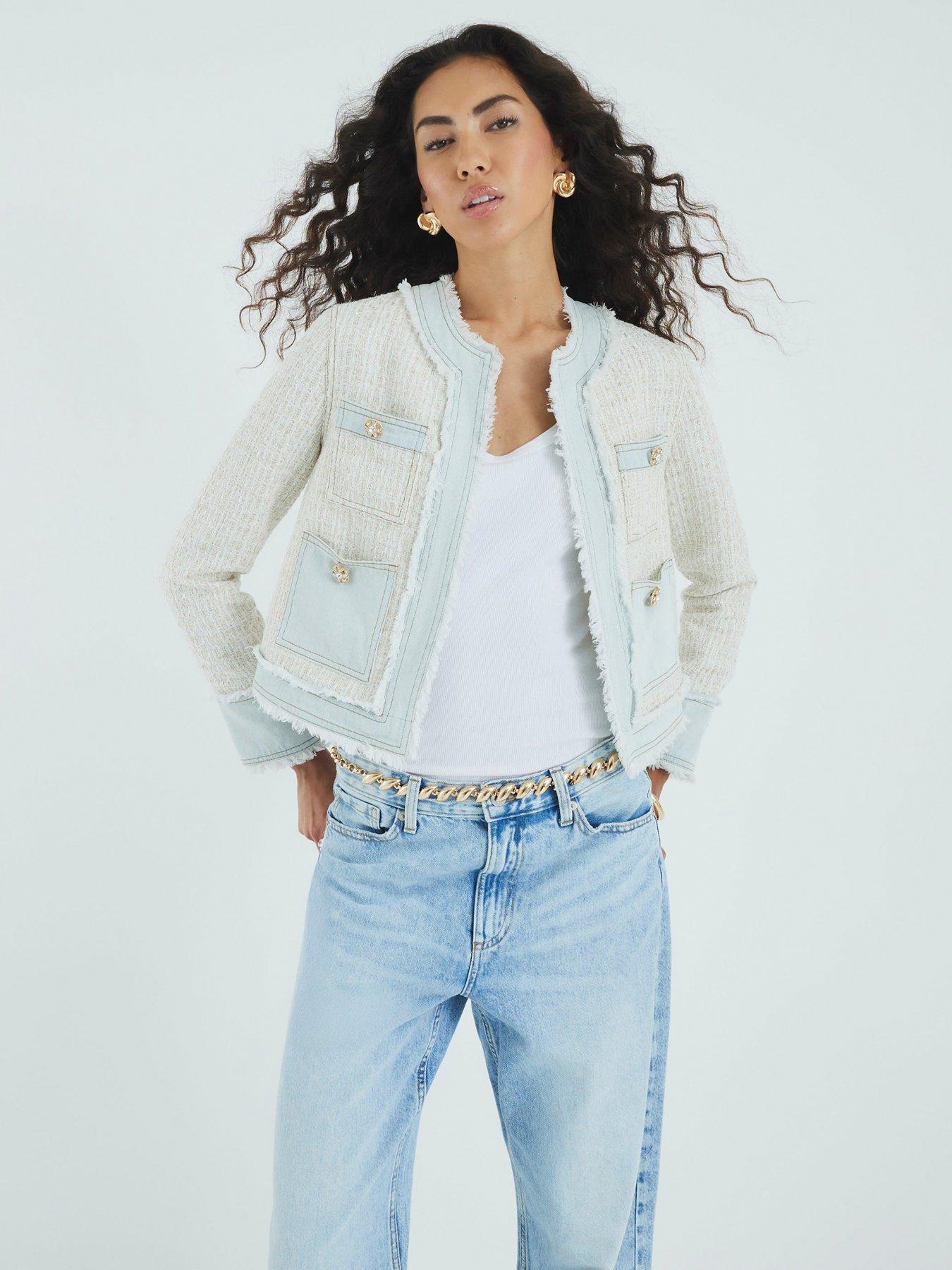 Image 1 of 4 of River Island Long Sleeve Vanessa Denim Tweed Trophy - Cream