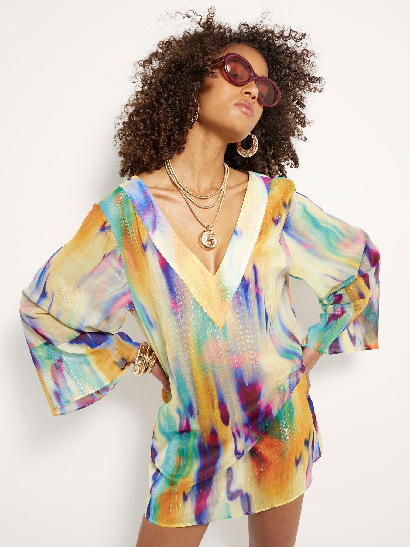 Image 1 of 4 of River Island Printed Long Sleeve Plunge Tunic - Yellow