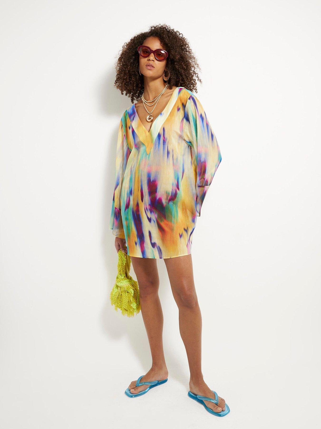 Image 3 of 4 of River Island Printed Long Sleeve Plunge Tunic - Yellow