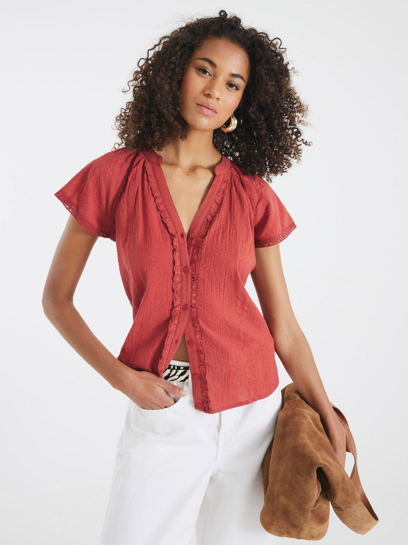 River Island Short Sleeve Frill V Neck Top - Brown