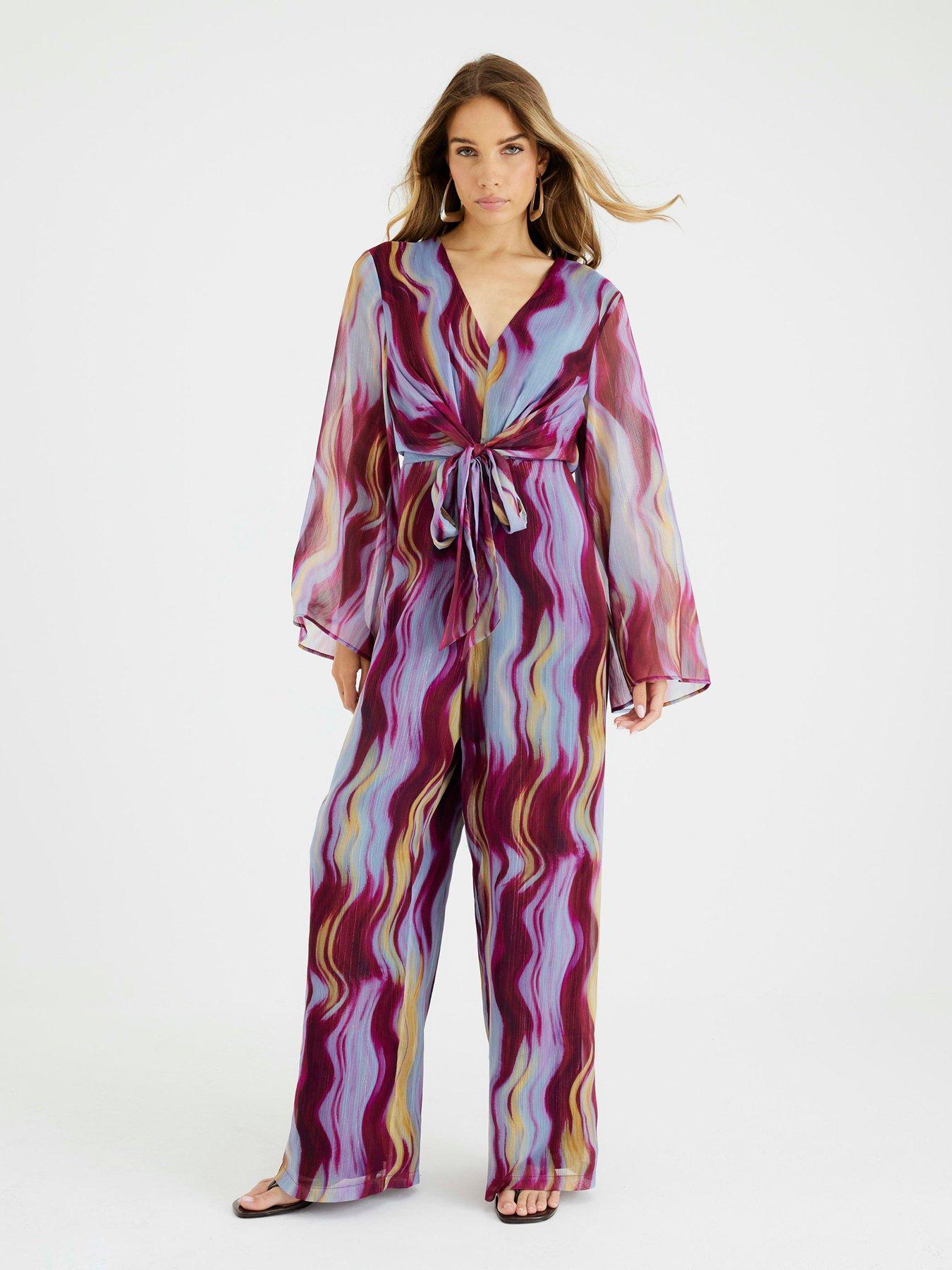 River Island Long Sleeve Tie Front Jumpsuit - Brown