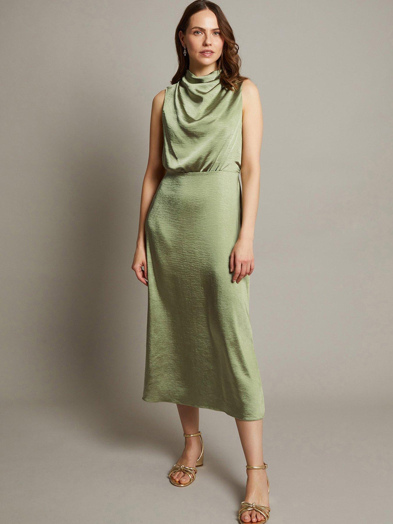 Image of Monsoon Livia Satin Cowl Halter Midi Dress - Green
