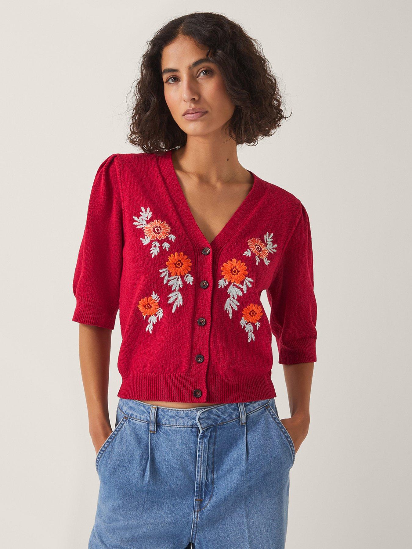 Image 1 of 5 of Monsoon Ellen Embroidered Cardigan - Red