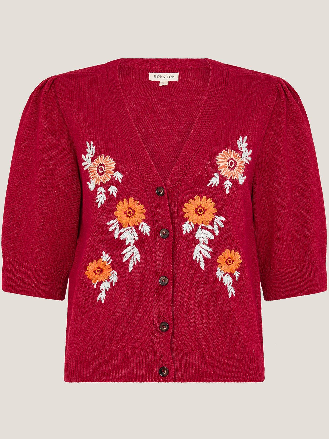 Image 3 of 5 of Monsoon Ellen Embroidered Cardigan - Red