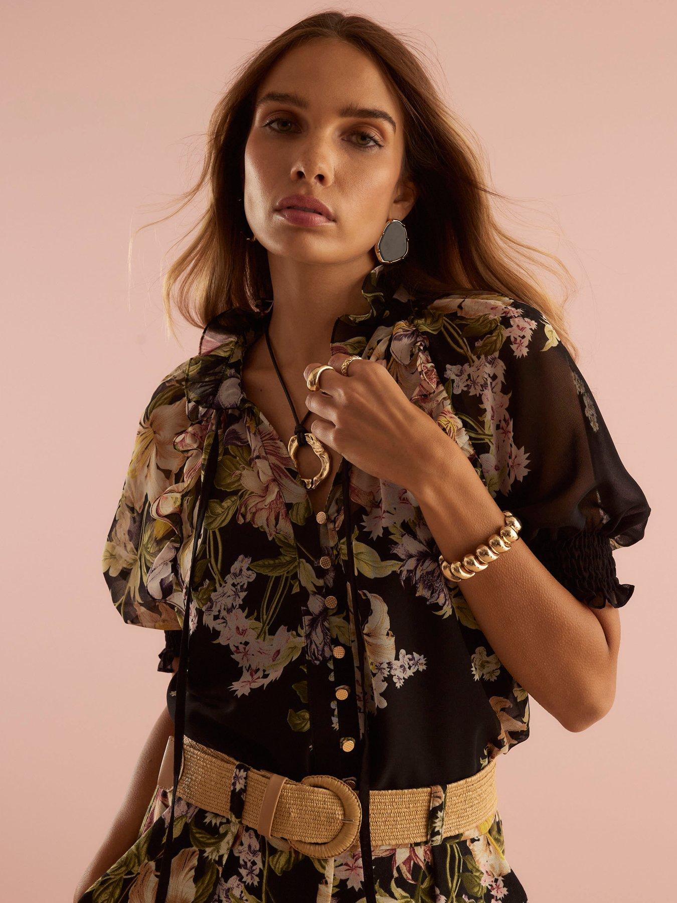 River Island Short Sleeve Flower Brunch Blouse - Black