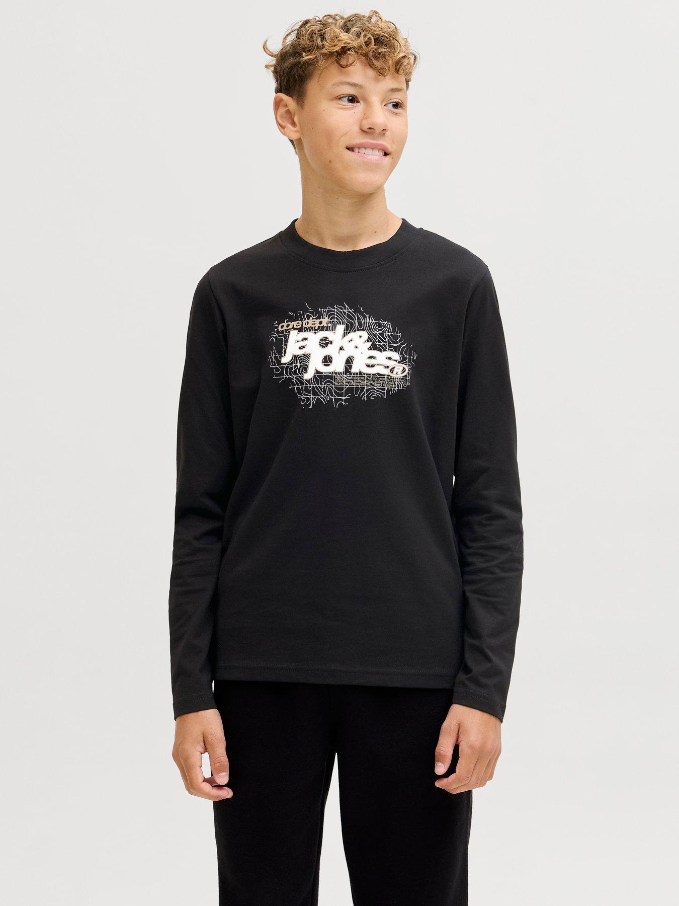 Jack & Jones Junior Boys Grid Branding Long Sleeve T-Shirt - Black
