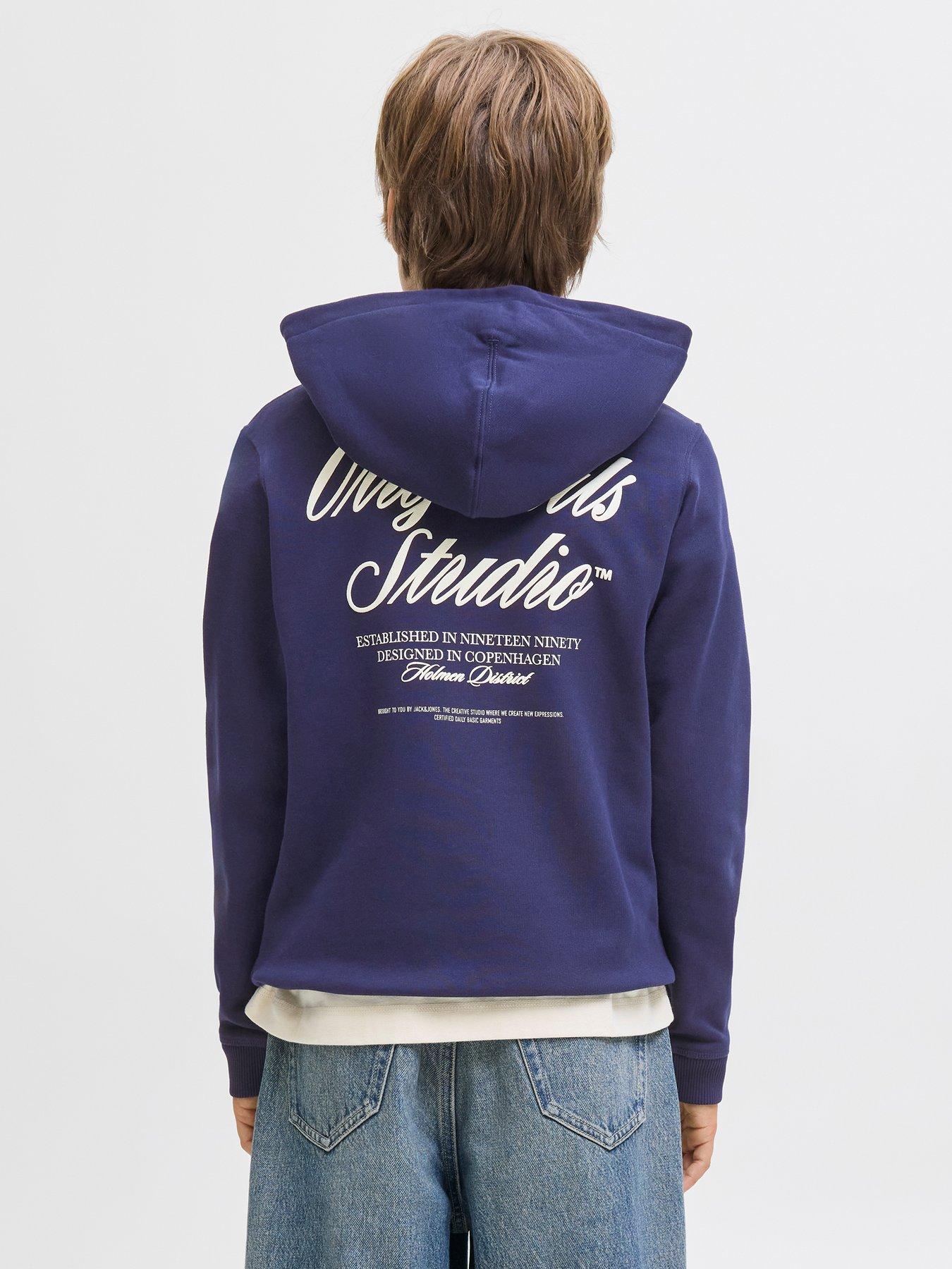 Jack & Jones Junior Boys Typo Print Hoodie - Blue