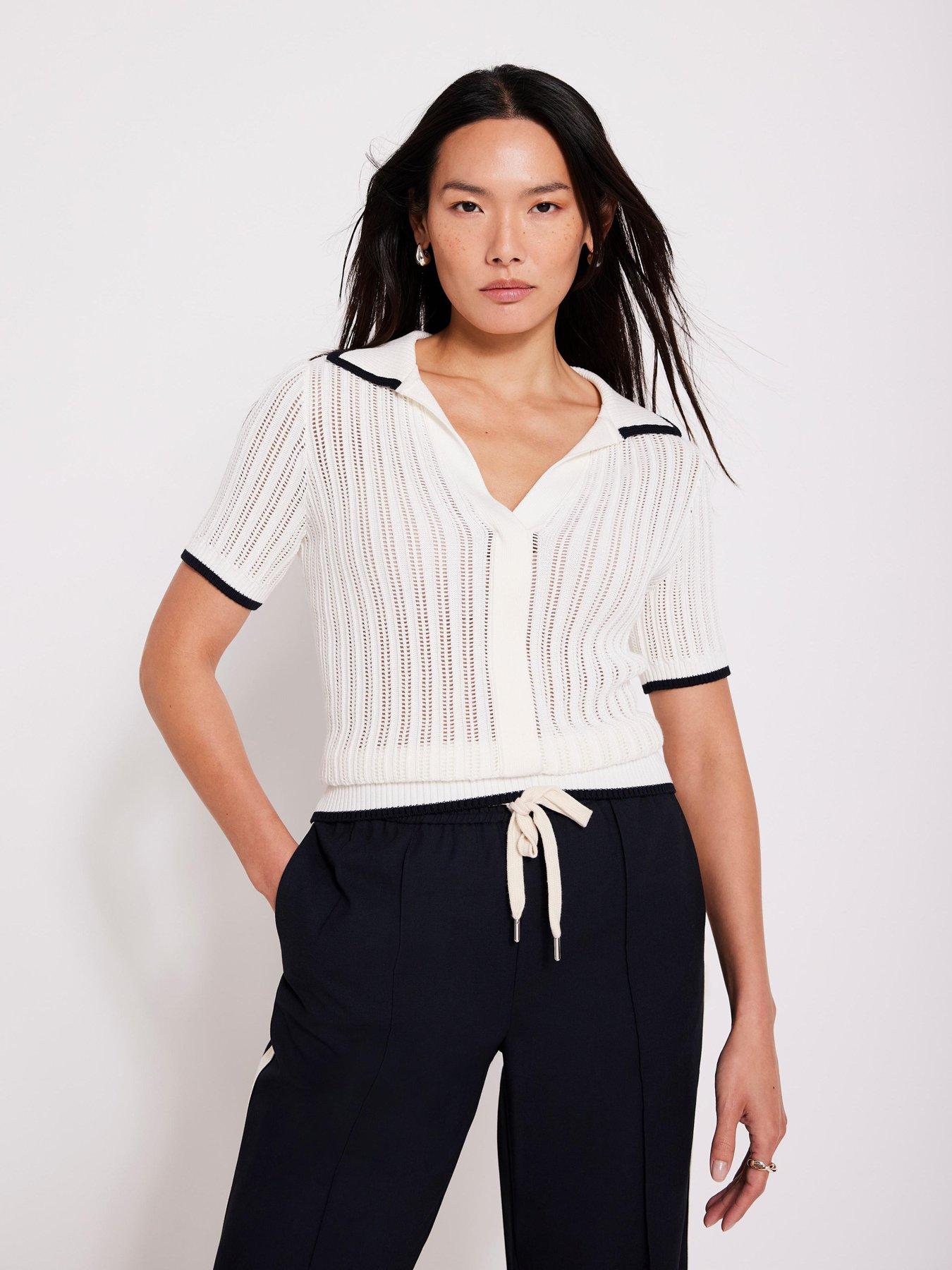 Image 1 of 6 of Mint Velvet Ivory Cotton Blend Polo Top - White