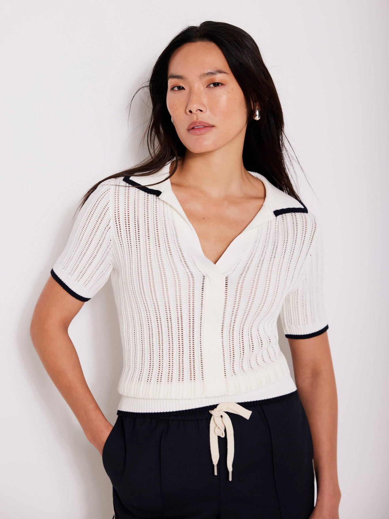 Image 4 of 6 of Mint Velvet Ivory Cotton Blend Polo Top - White