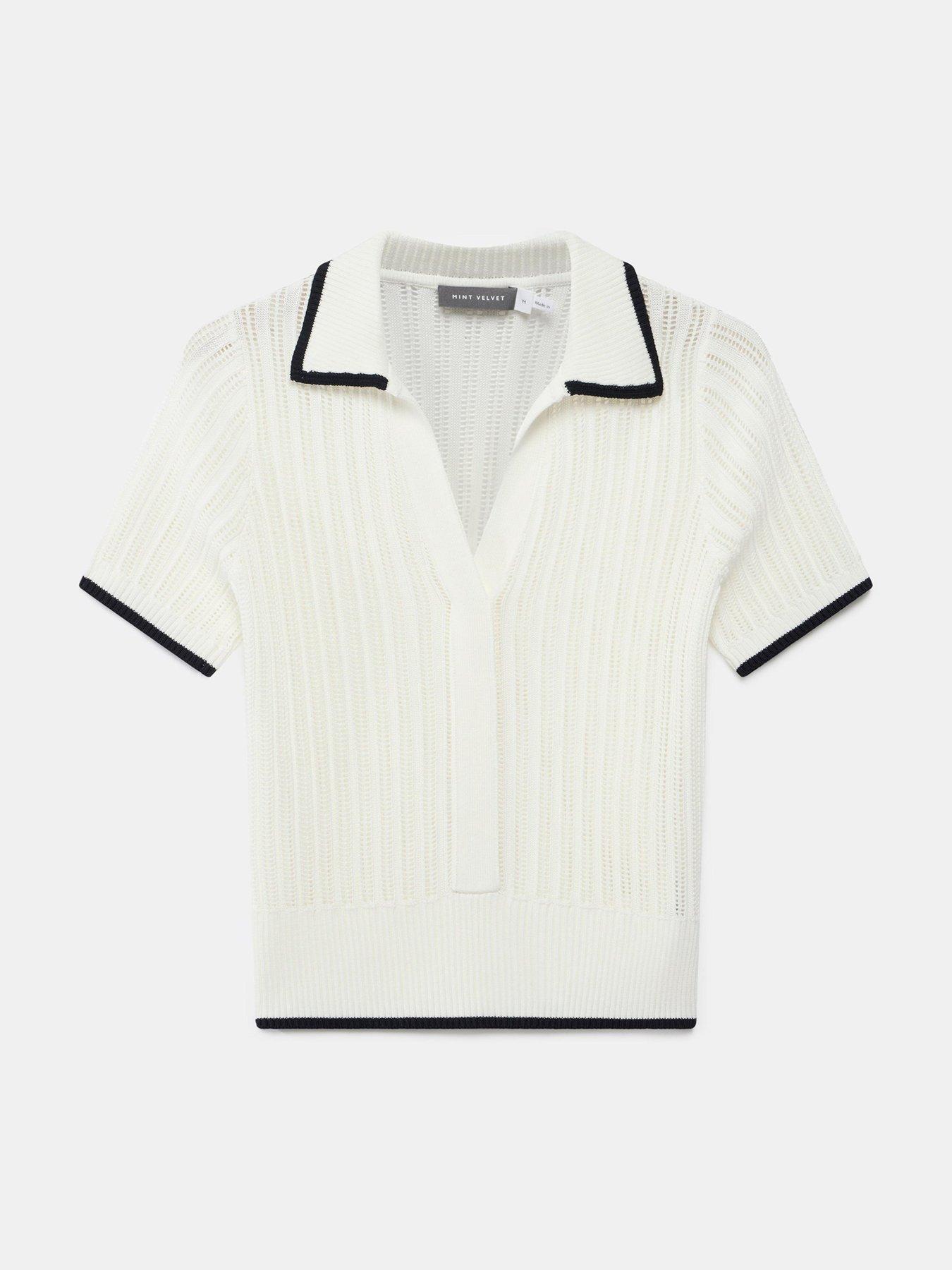 Image 5 of 6 of Mint Velvet Ivory Cotton Blend Polo Top - White