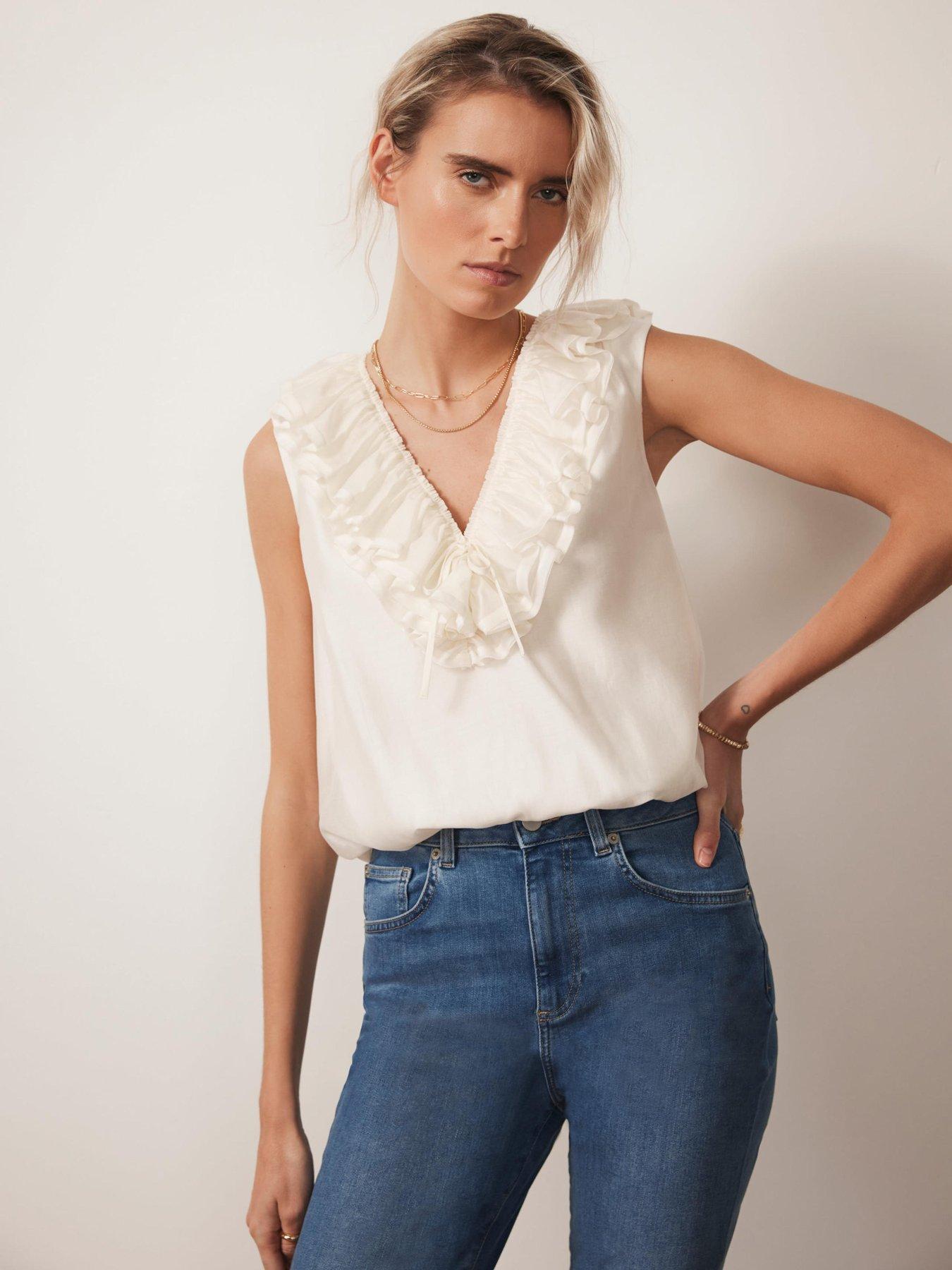 mint-velvet-cream-ruffle-front-top-whiteoutfit