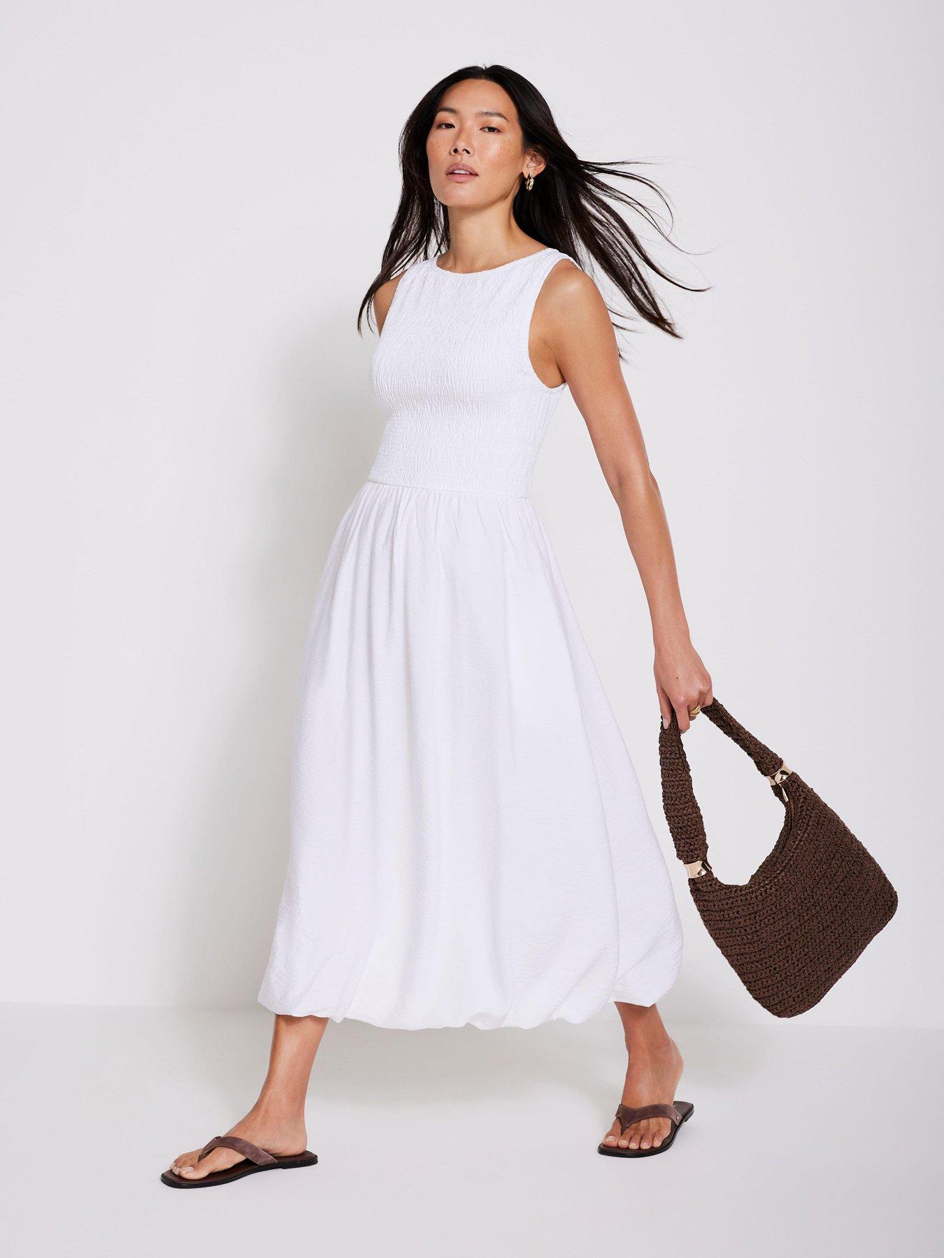 Image 1 of 6 of Mint Velvet Bubble Hem Midi Dress - White