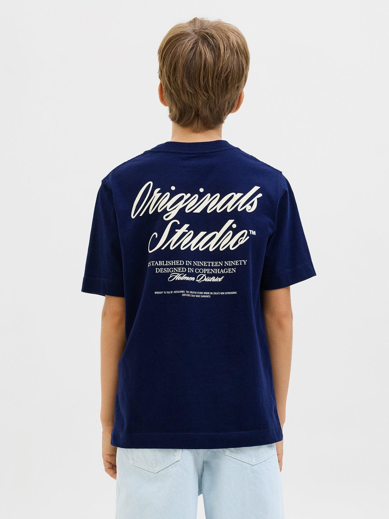 Jack & Jones Junior Boys Typo Print Short Sleeve T-Shirt - Blue
