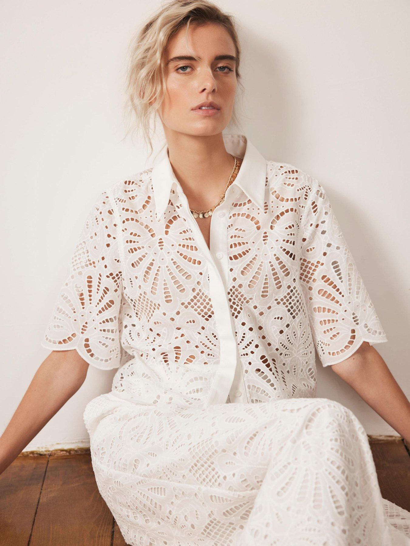 Image 1 of 6 of Mint Velvet Broderie Shirt - White
