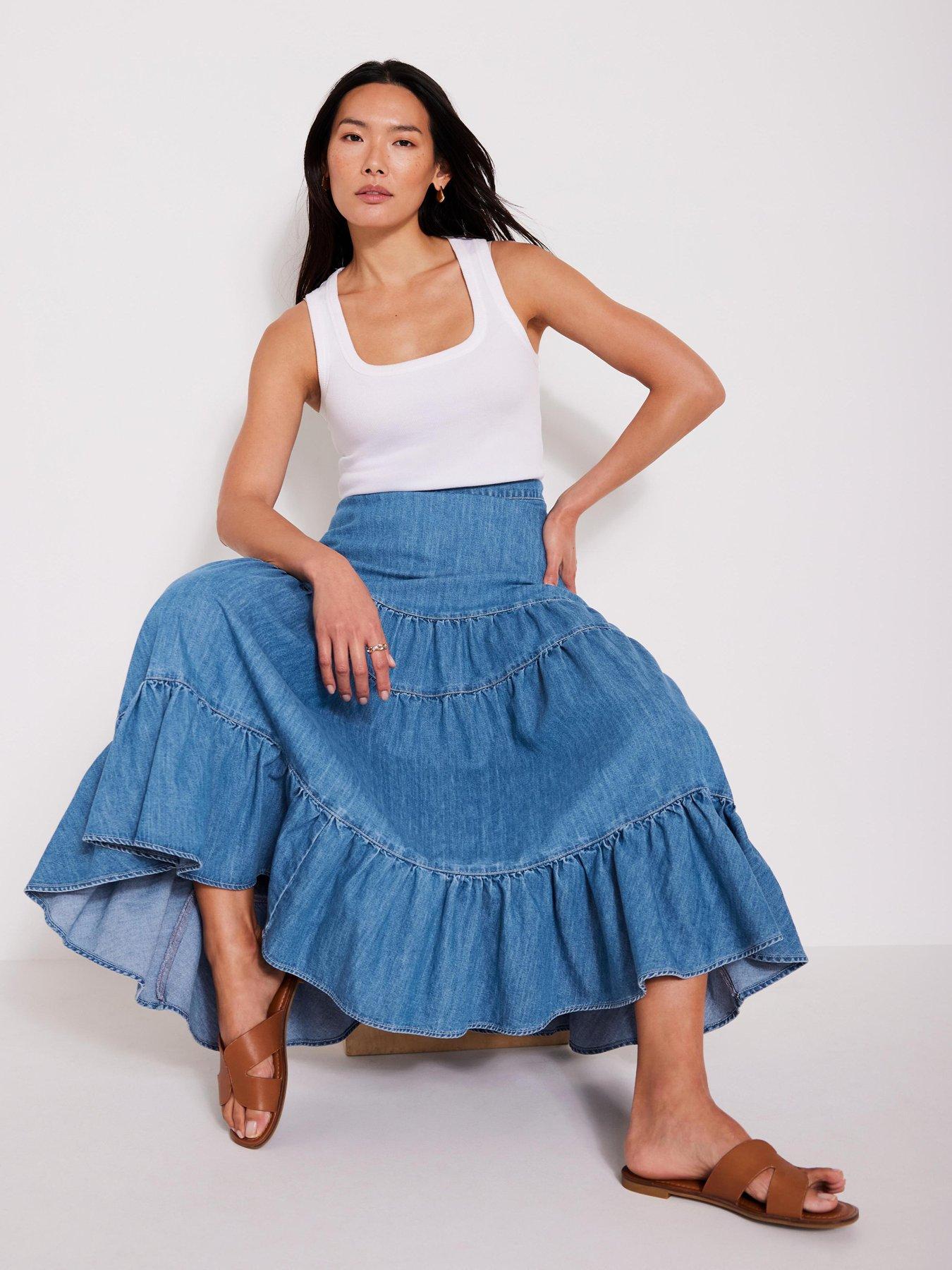 Image 4 of 6 of Mint Velvet Indigo Tiered Denim Skirt - Blue