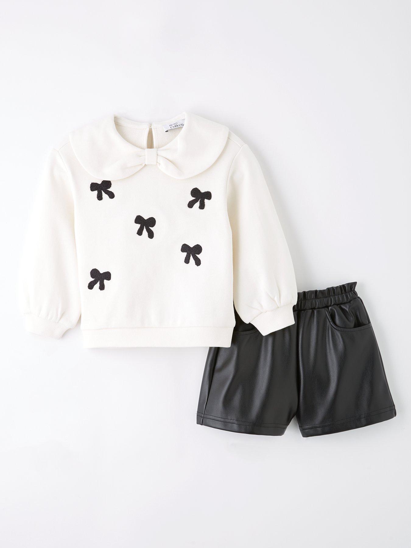 the-very-collection-girls-set-collared-jumper-with-embroidered-bows-and-pu-shorts-blackcream